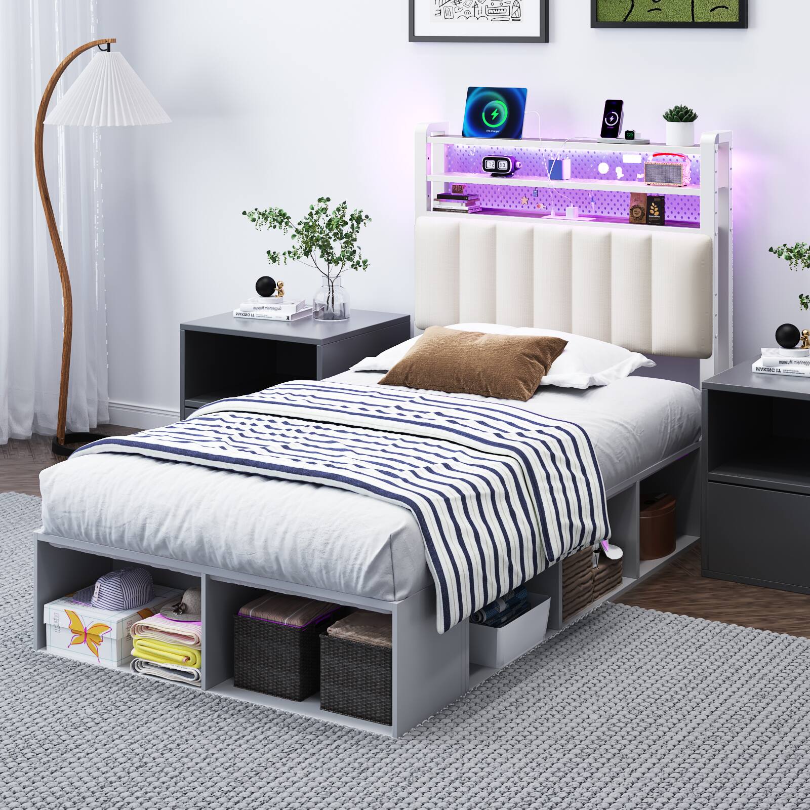 Alt View 9. Winado - Twin Size Adjustable Upholstered Headboard Only with 3 Tier Shelves and Pegboard with Charging Stations and LED Lights - Linen & White.