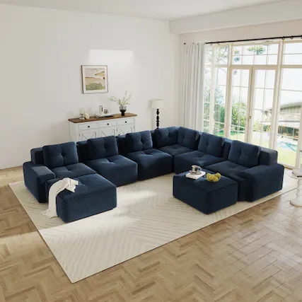 Front. Anysun - 6-Seat V-Shape Corduroy Corner Sectional Sofa - Deep-Seat Couch with 2 Ottomans, Pearl Piping, Tufted, No Assembly. - Blue.