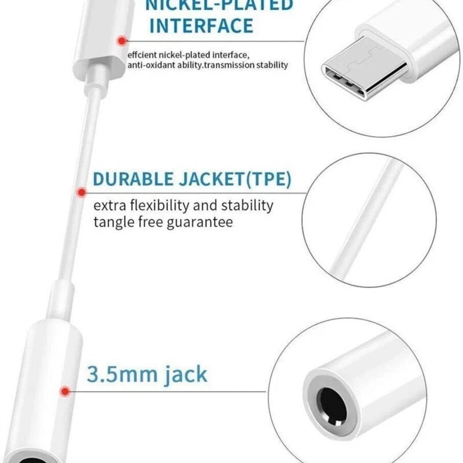 NICKEL-PLATED INTERFACE  
efficient nickel-plated interface, anti-oxidant ability, transmission stability  

DURABLE JACKET (TPE)  
extra flexibility and stability, tangle free guarantee  

3.5mm jack