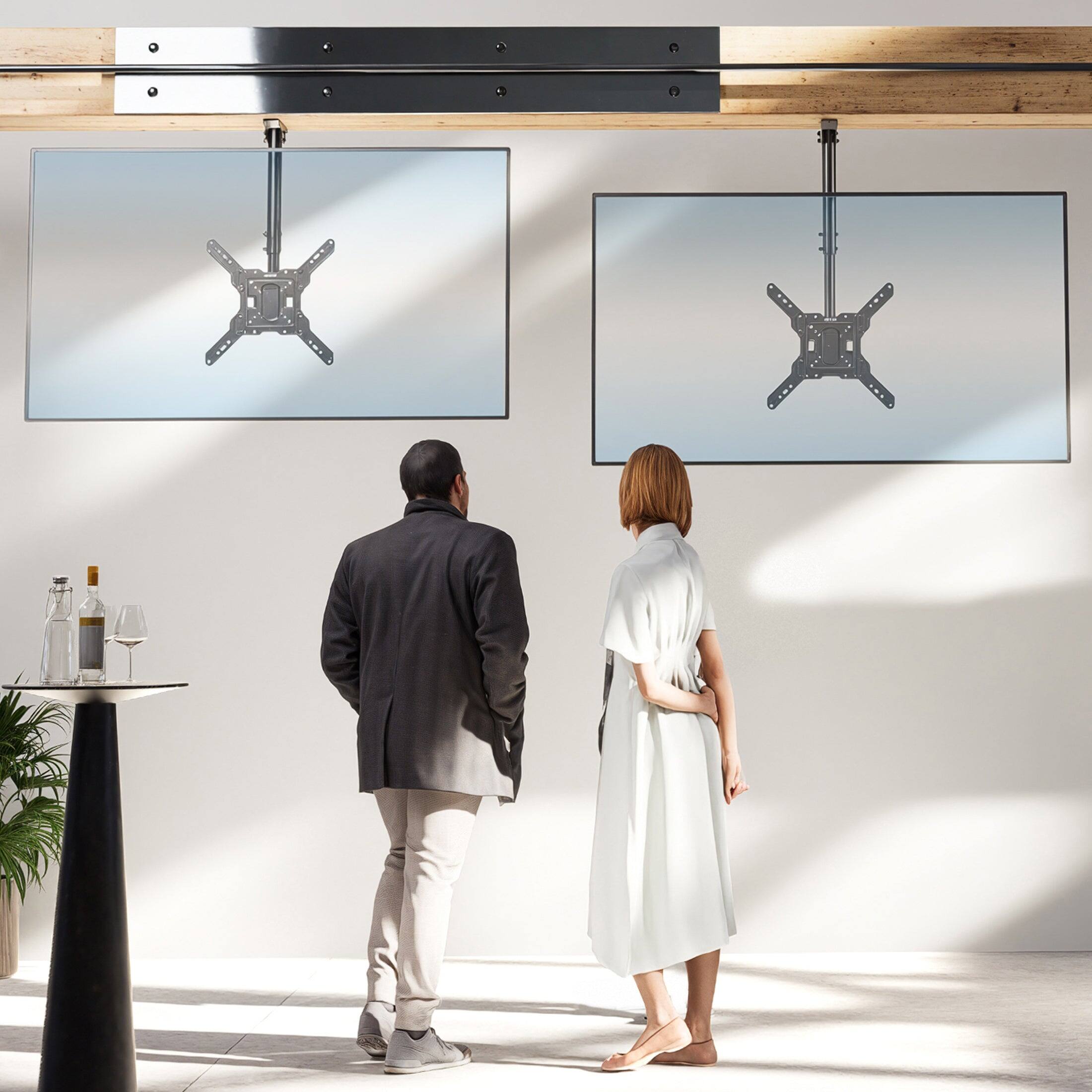 Left. Mount-It! - Full-Motion Height-Adjustable Ceiling TV Mount – 32″–65″ TVs, 360° Swivel, +5°/-15° Tilt, 20.3″–30.2″ Height - Black.