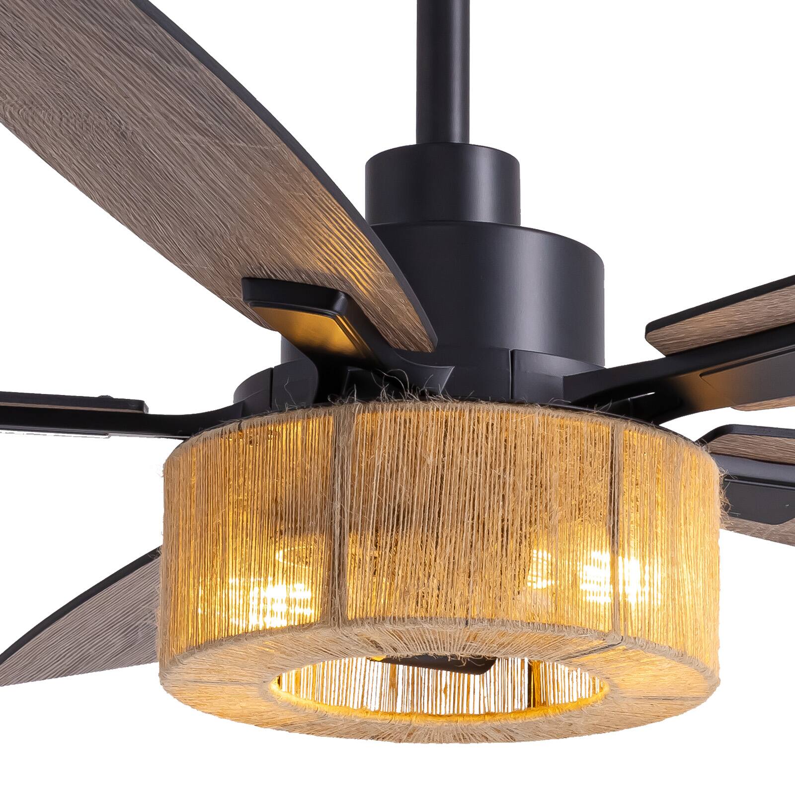 Alt View 5. Siljoy - 52-in Boho Black Hemp Ceiling Fan with Light and Remote Control Include(Bulb not include) - Black.