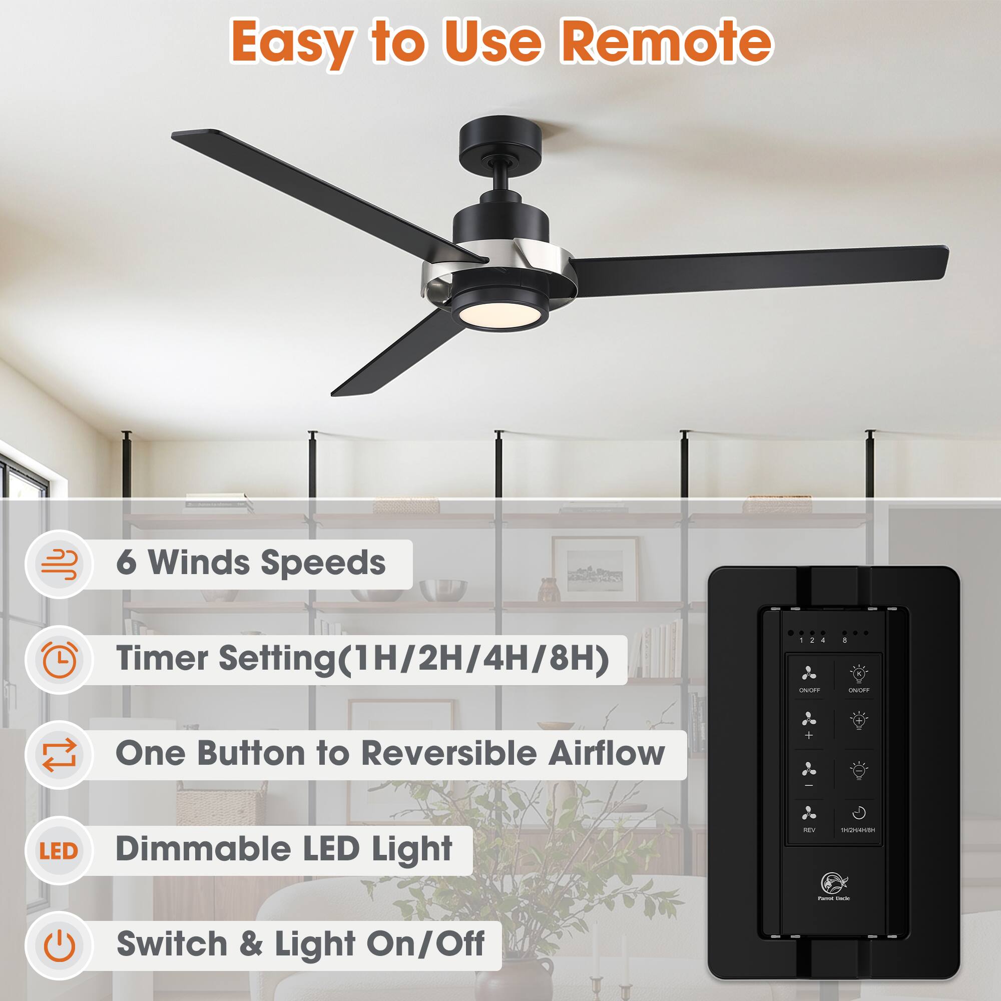 Easy to Use Remote

- 6 Winds Speeds
- Timer Setting (1H/2H/4H/8H)
- One Button to Reversible Airflow
- Dimmable LED Light
- Switch & Light On/Off