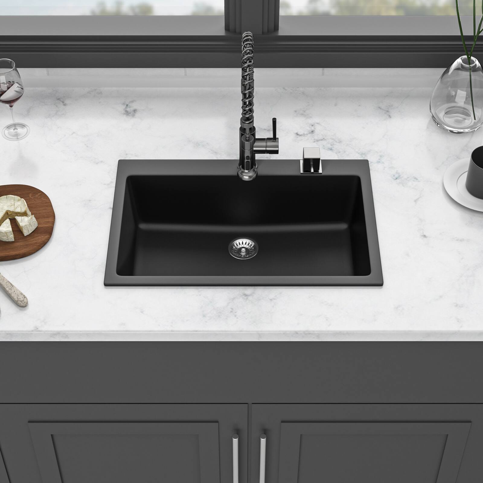 Angle. Siljoy - Quartz Kitchen Sink - 33" x 22" x 9.65" Black granite composite Drop in kitchen sink - Black.