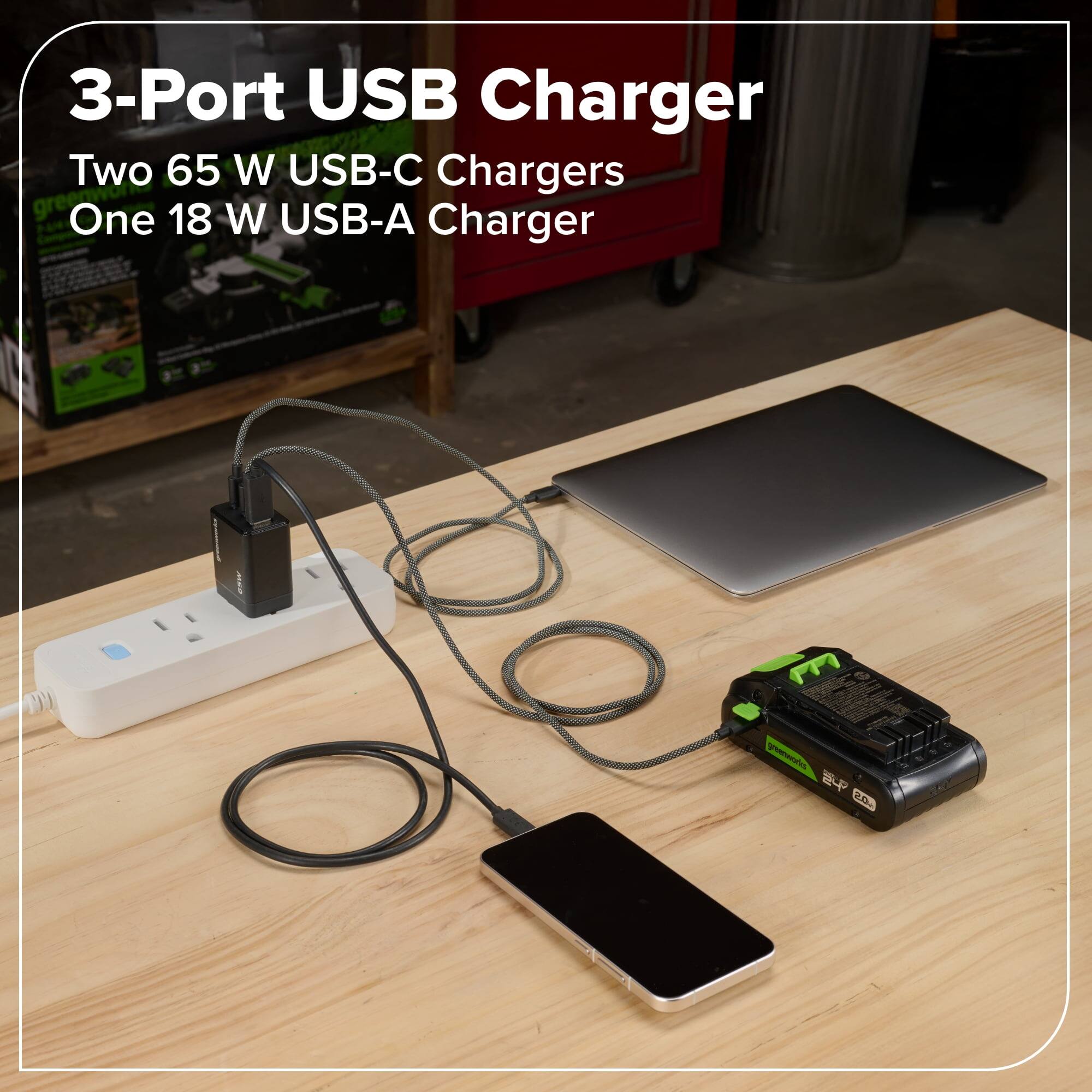 3-Port USB Charger  
Two 65 W USB-C Chargers  
One 18 W USB-A Charger