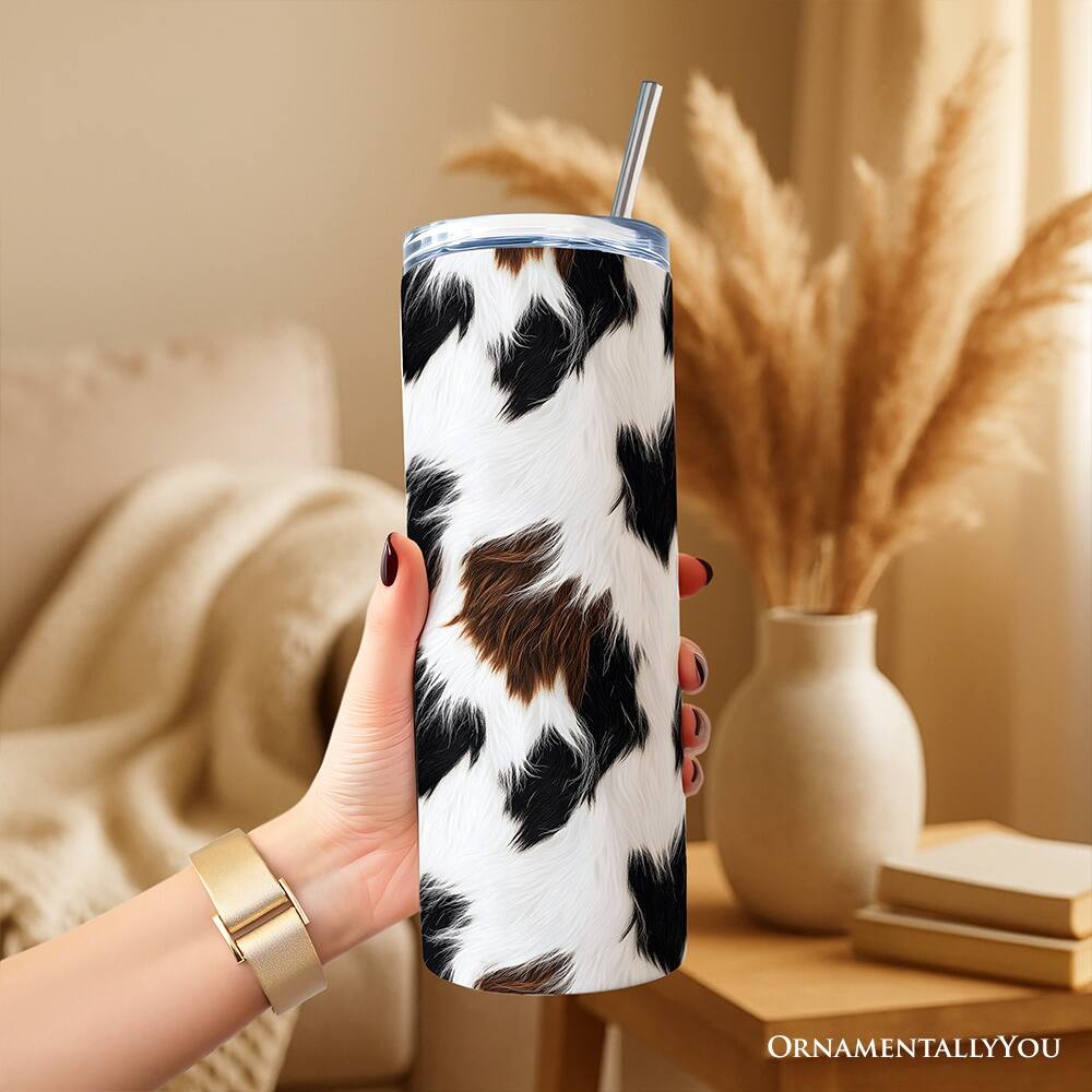 Back. OrnamentallyYou - Cowhide Fur Pattern 20oz Tumbler With Lid and Stainless Steel Straw, Rustic Farmhouse Gift Cup - Multicolored.