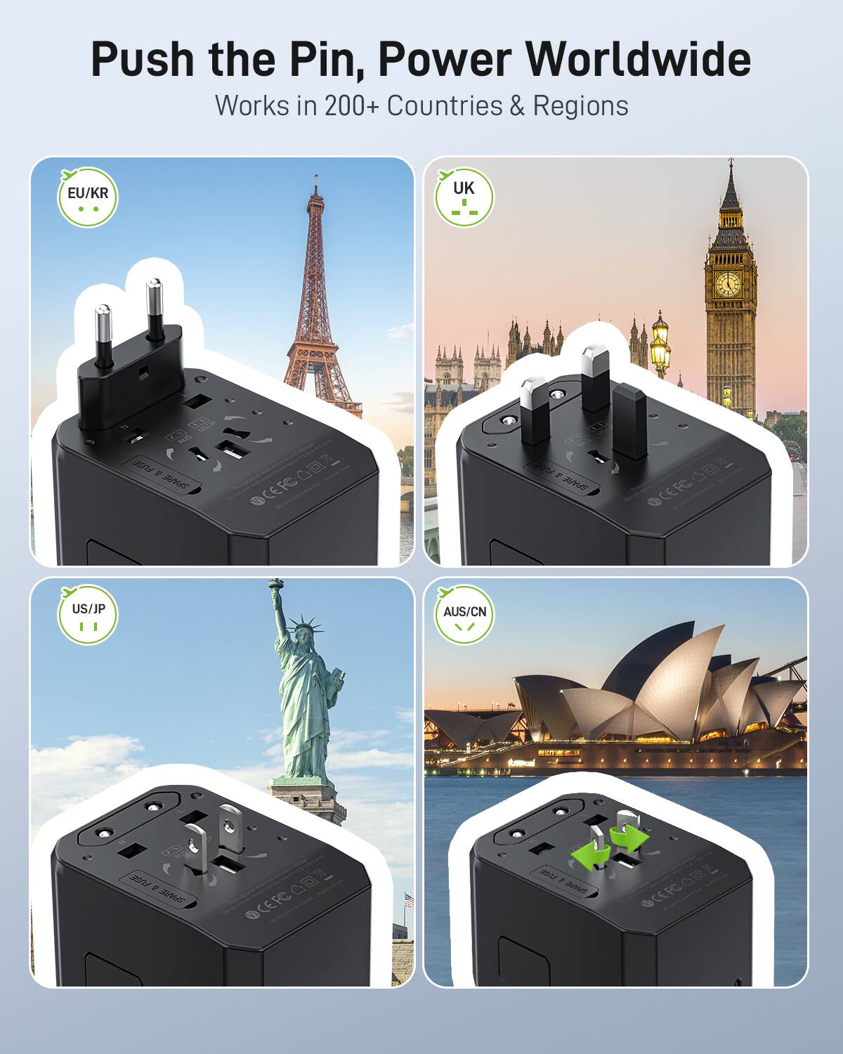 Push the Pin, Power Worldwide  
Works in 200+ Countries & Regions  
EU/KR  
UK  
US/JP  
AUS/CN