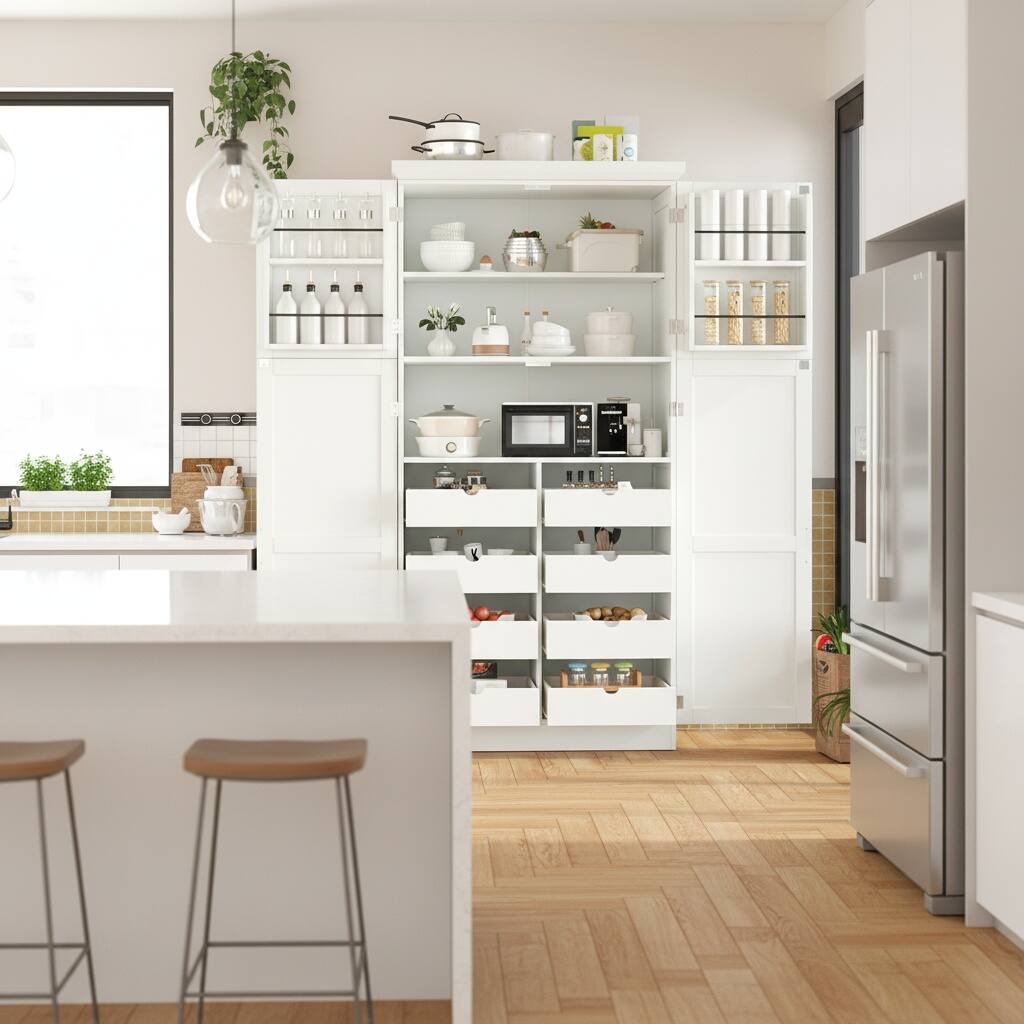 Left. Forest'nSky - 70.9" Freestanding Pantry Cabinet, 35.5" Wide with 8 Pull-Out Trays & Door Shelves for Dining Room, White - White.