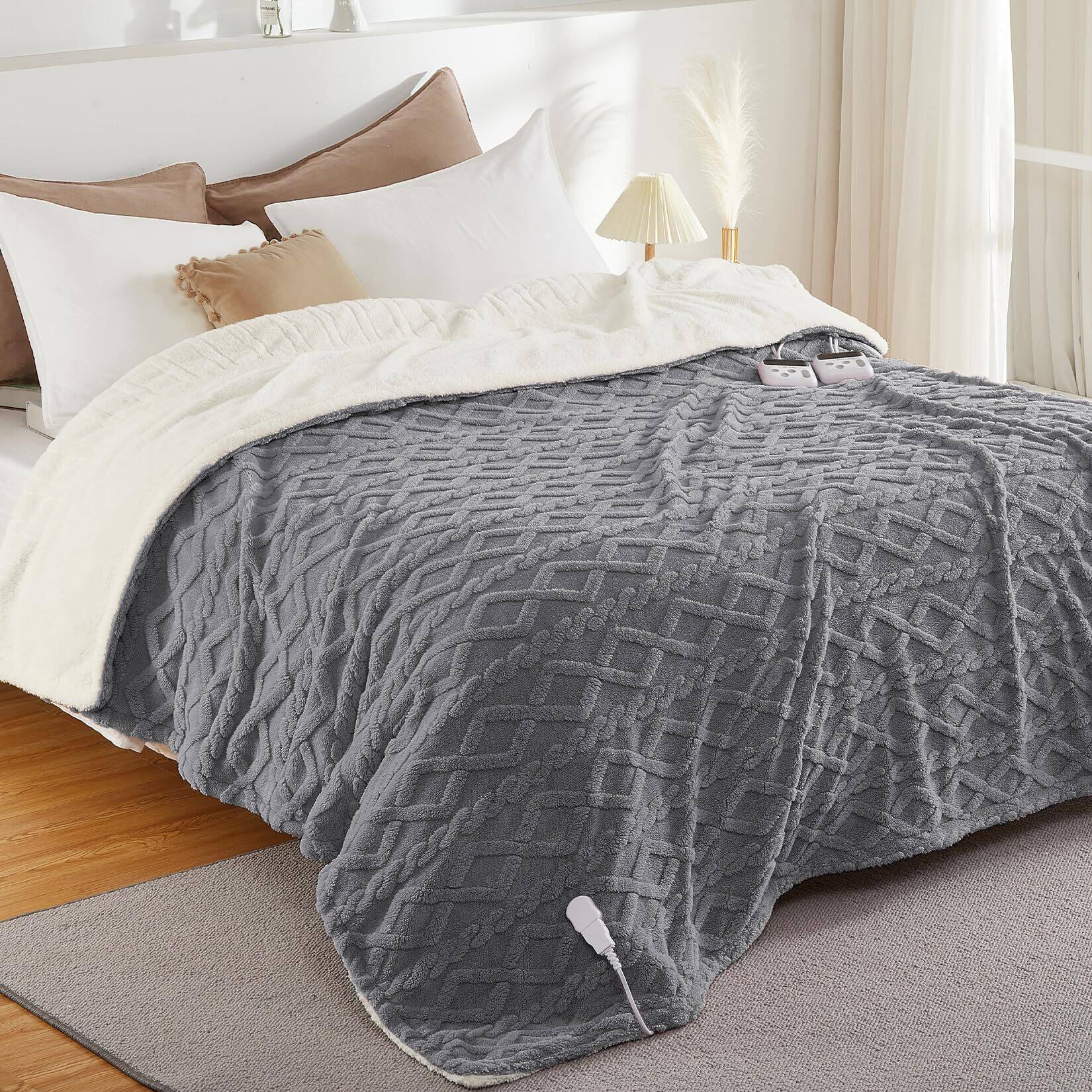 Front. Jojoka - Washable Fast Heating Thick Tufted Sherpa Electric Blanket Throw w/ 10 Heating Levels & 10 Time Settings King 90"×100" - Gray.