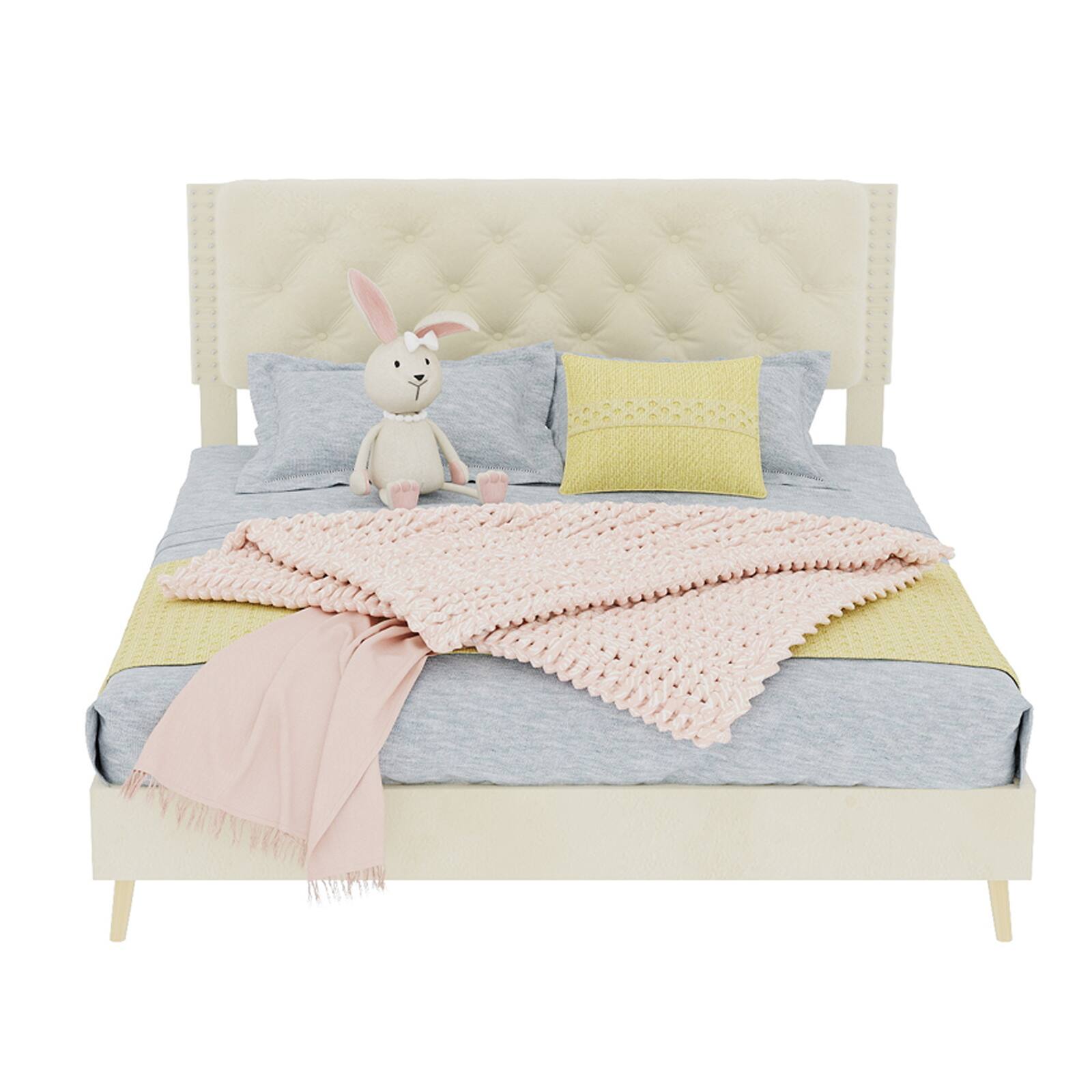 Alt View 5. Loheer - Loheer Luxury Beige Velvet Upholstered Queen Bed Frame Sturdy Platform Base - Beige.