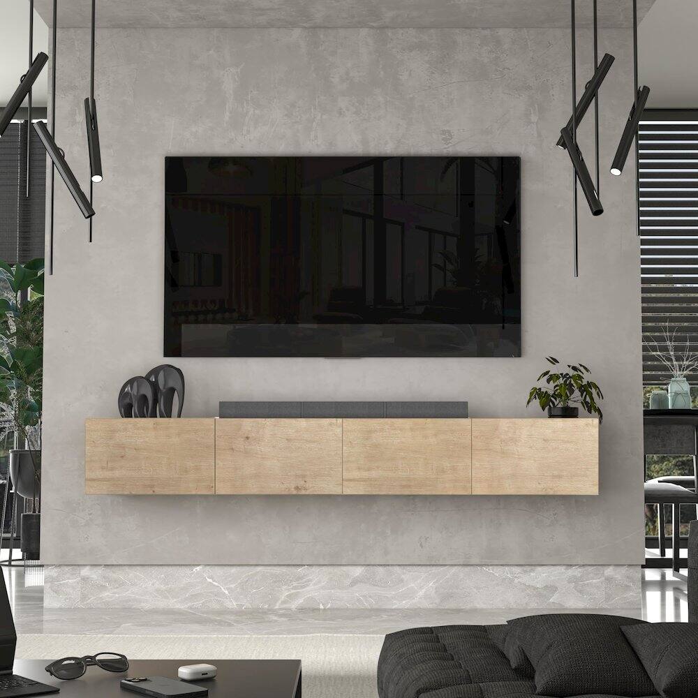 Alt View 3. Atelier Mobili - Floating TV Stand Wall Mounted, Natural Oak, Cable Management, 4 Doors - Brown.