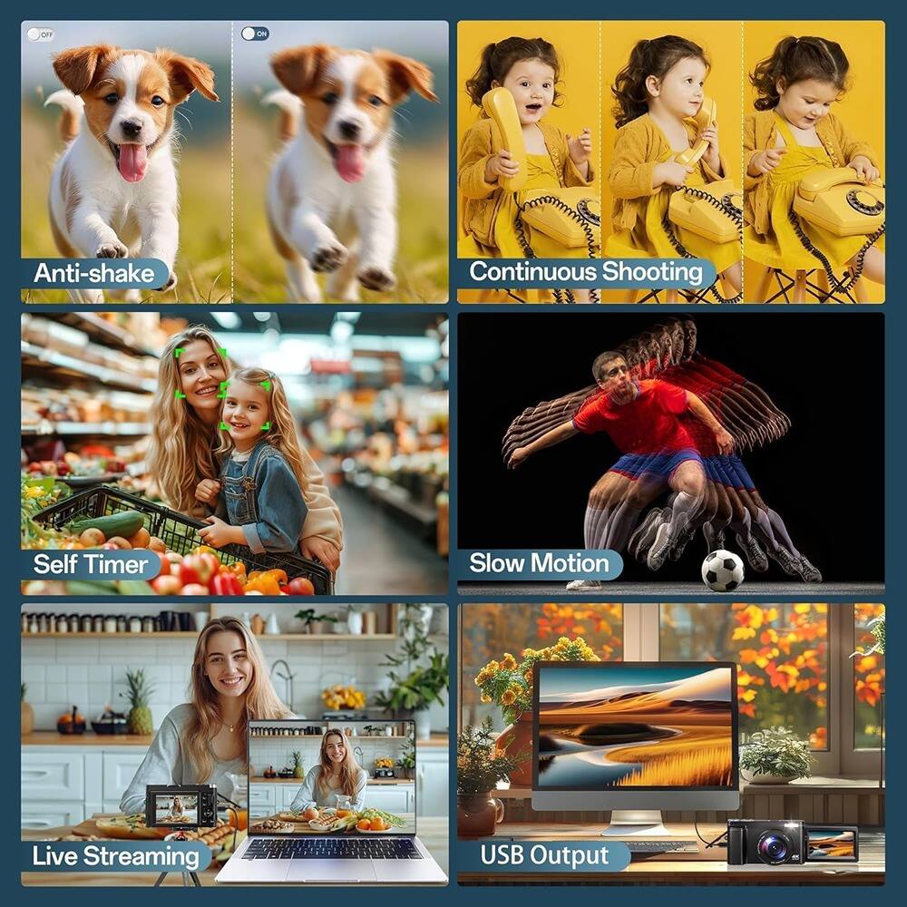 - Anti-shake
- Continuous Shooting
- Self Timer
- Slow Motion
- Live Streaming
- USB Output