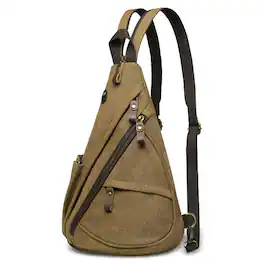 Unique Bargains - Vintage Canvas Sling Bag with Genuine Leather Zipper 3 in 1 Crossbody Backpack and Chest Bag for Travel 16x10x6 Inches - Coffee