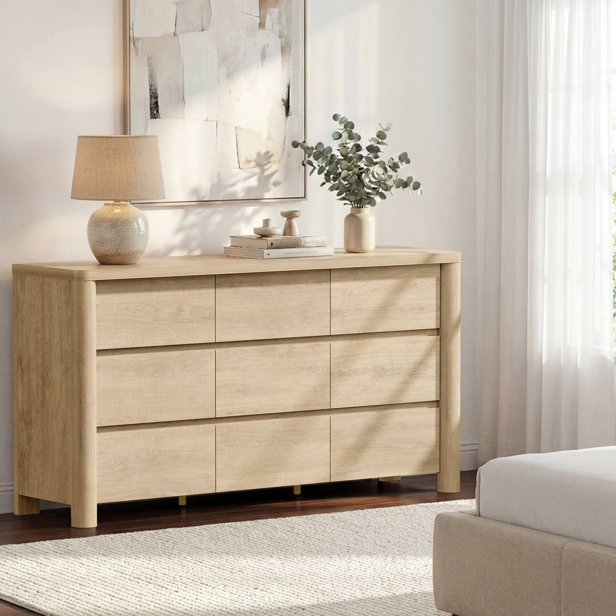 Alt View 2. ModernMate - 9 Drawers Dresser Modern Natural Wood 63" W Dresser Chest for Bedroom Living Room - Natural Oak.