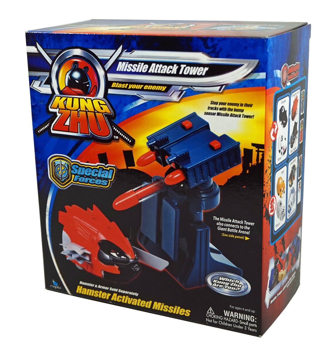 Missile Attack Tower  
Blast your enemy  

KUNG ZHU  
Special Forces  

Stop your enemy in their tracks with the bump sensor Missile Attack Tower!  

The Missile Attack Tower also connects to the Giant Battle Arena (see side panel)  

Hamster & Armor Sold Separately  

Hamster Activated Missiles  

WARNING: CHOKING HAZARD - Small parts. Not for Children Under 3 Years  

For ages 4 and up  

Which Kung Zhu Armor Are You?