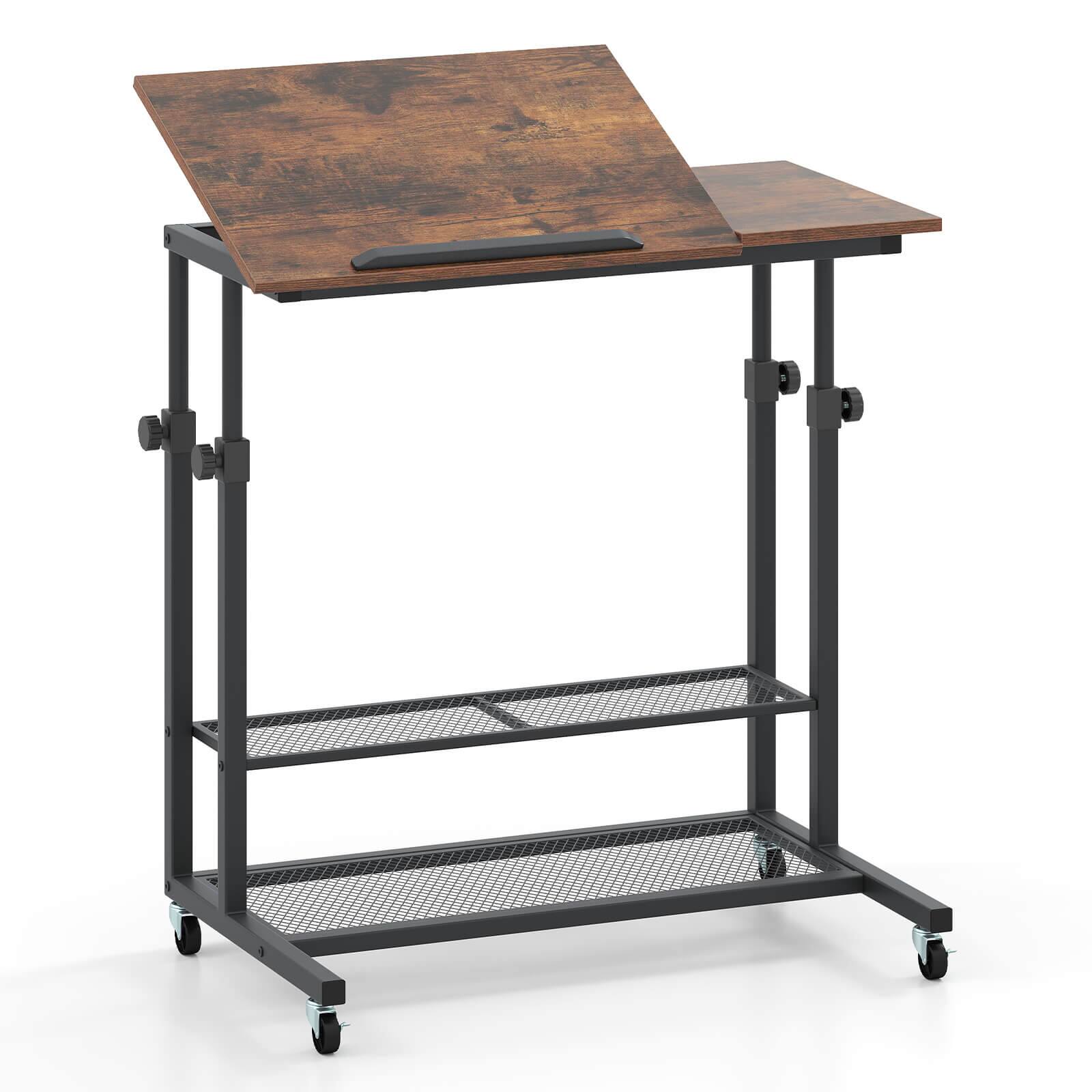 Left. Costway - Costway Mobile Stand up Desk with Tilting Tabletop Storage Shelves Wheels for Living Room Brown - Rustic Brown & Black.