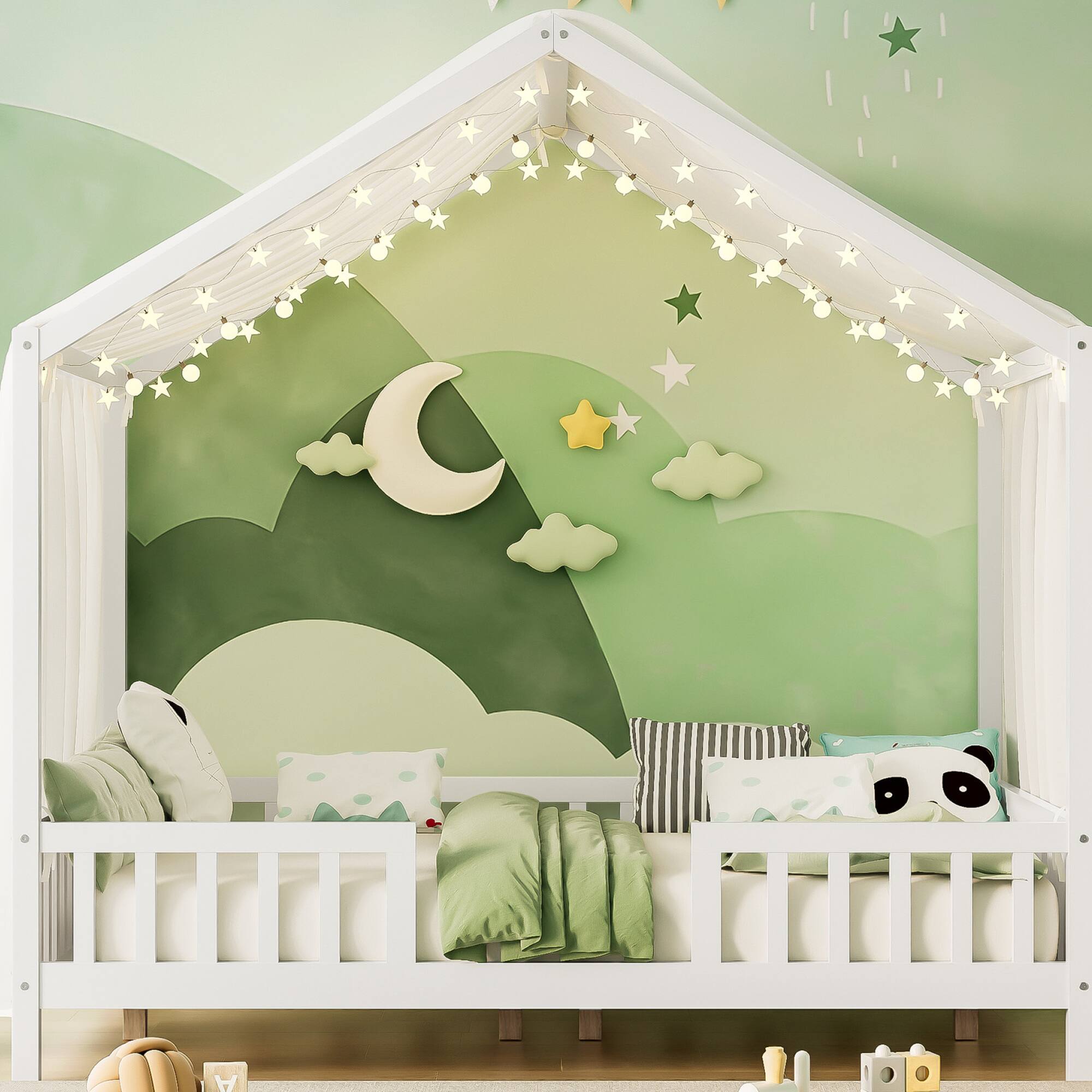 Alt View 10. GOODSILO - Creative Canopy House-Shaped Children's Floor Bed with Safety Railings for Cozy Sleep Space - White.