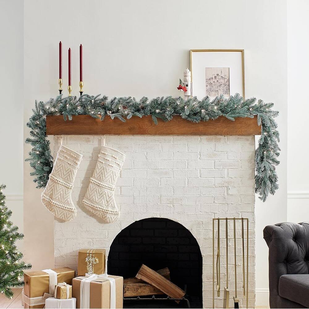 Back. PARKER SLATER - 9ft Pre-Lit Arctic Spruce Christmas Garland with White Lights & Pine Cones - Green.