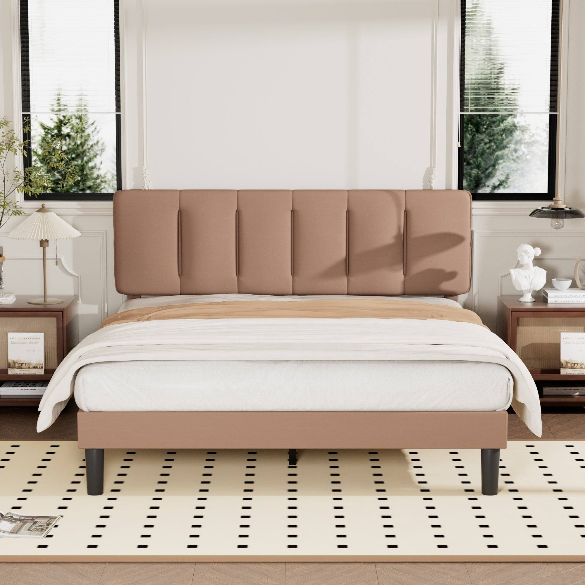 Back. Vecelo - Queen Upholstered Bed with Adjustable Headboard & 7.9" Underbed Storage - Quiet Slat Metal Platform Bed,Fabric Frame - Coffee.