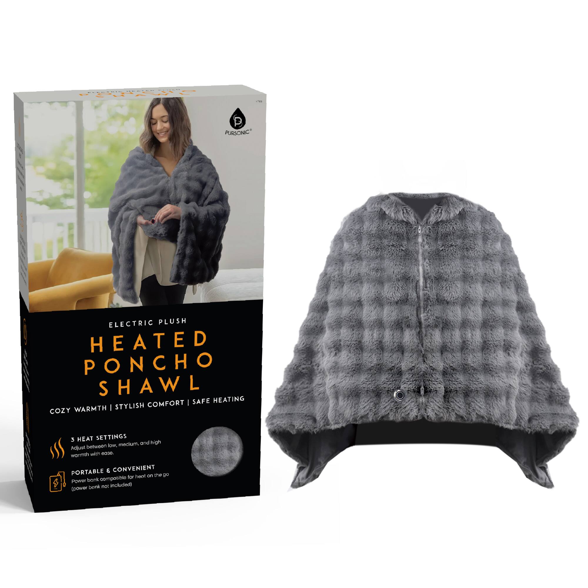 ELECTRIC PLUSH  
HEATED PONCHO SHAWL  

COZY WARMTH | STYLISH COMFORT | SAFE HEATING  

3 HEAT SETTINGS  
Adjust between low, medium, and high warmth with ease.  

PORTABLE & CONVENIENT  
Power bank compatible for heat on the go  
(power bank not included)