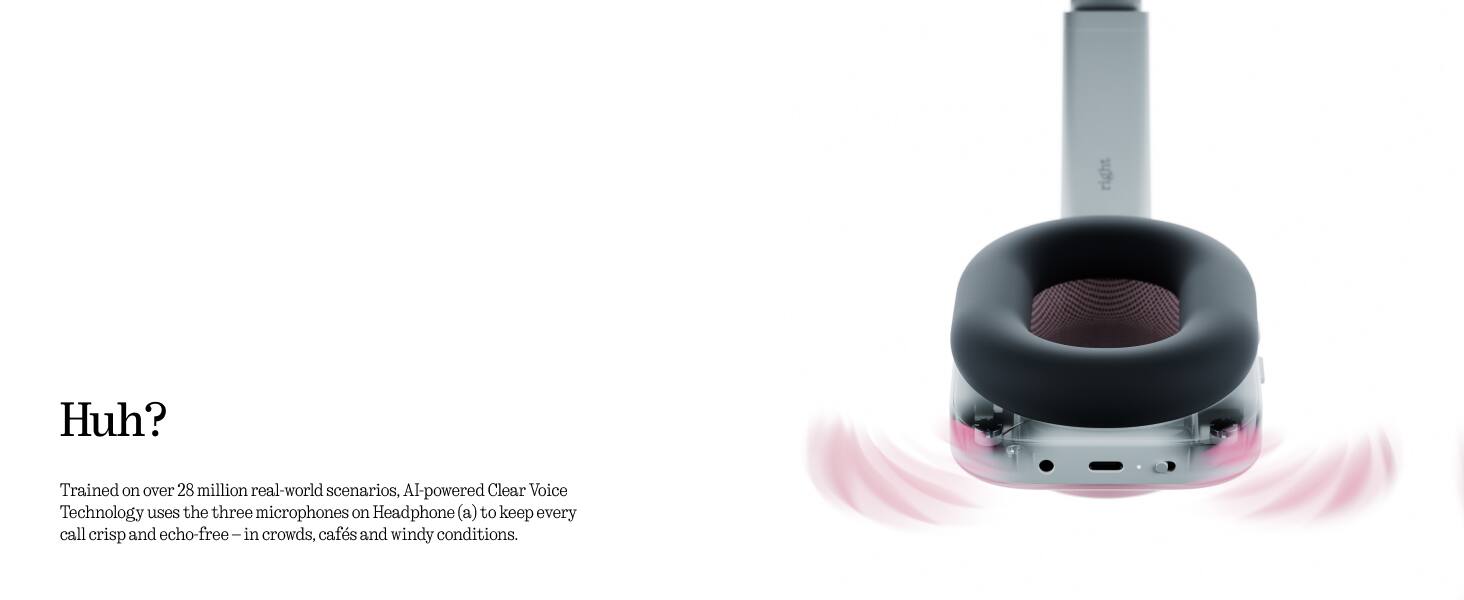 Huh?

Trained on over 28 million real-world scenarios, AI-powered Clear Voice Technology uses the three microphones on Headphone (a) to keep every call crisp and echo-free—in crowds, cafes and windy conditions.