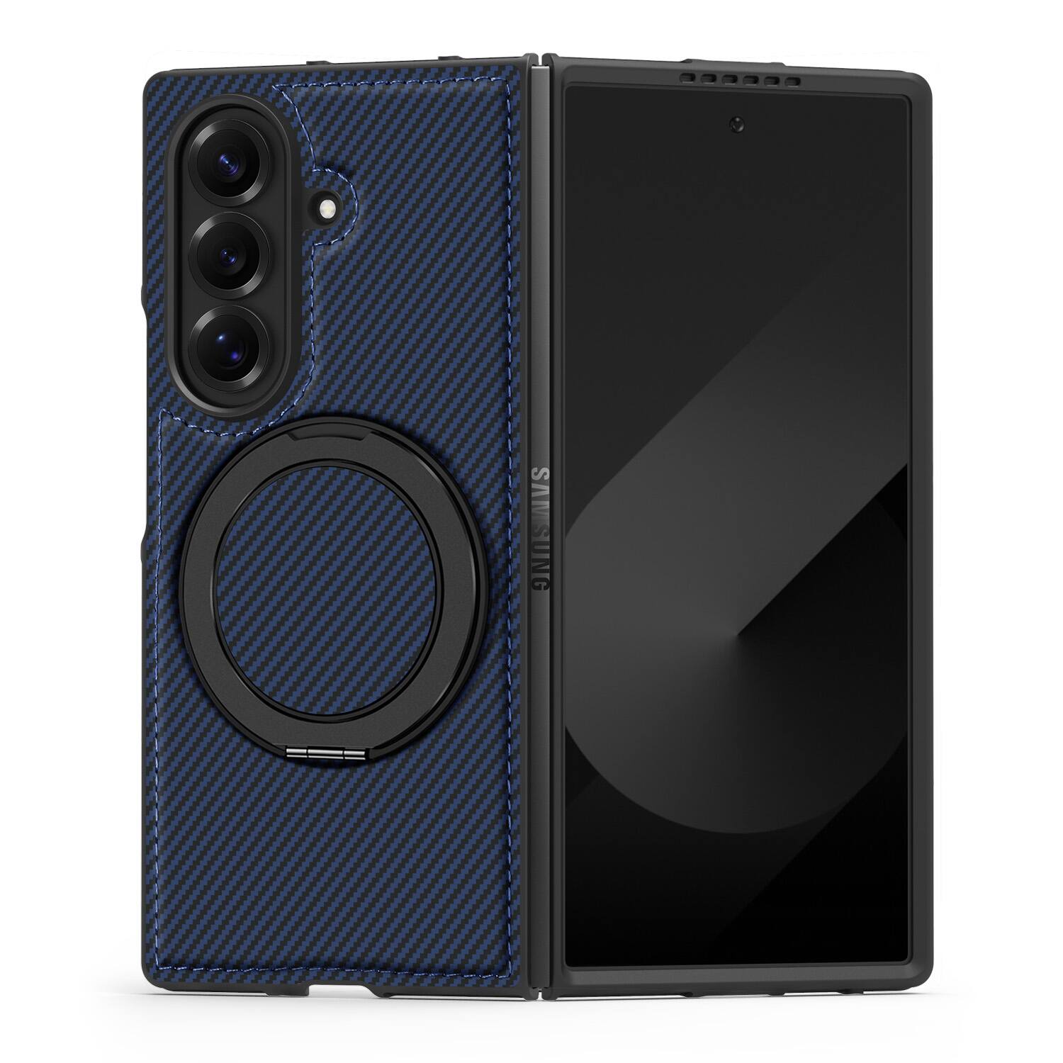 Angle. Dteck - Magnetic Case for Samsung Galaxy Z Fold7,Shockproof Hard PC Back Cover,Rugged Phone Cover with Rotatable Metal Kickstand - Darkblue.