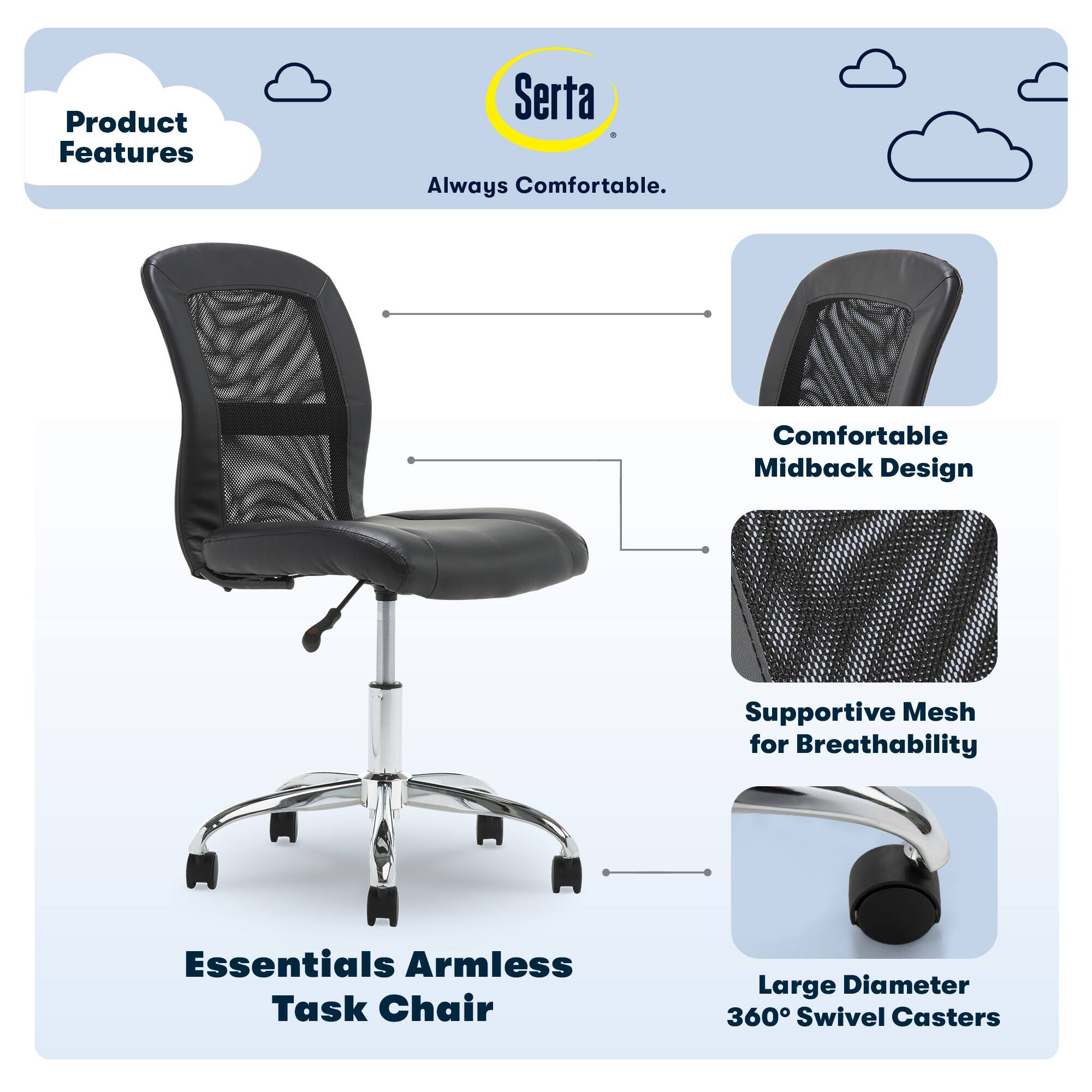 The image features a black office chair with a comfortable midback design, supportive mesh for breathability, and large diameter 360 swivel casters. The chair is described as an essential armless task chair, which is designed to provide comfort and functionality for various tasks. The chair is also advertised as being "always comfortable" and having a "supportive mesh for breathability."