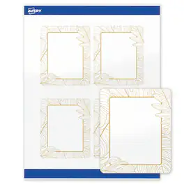 Avery - Rectangle Labels, Gold Florals, 4" x 3-1/3", Glossy, Gold Monstera Leaves - White
