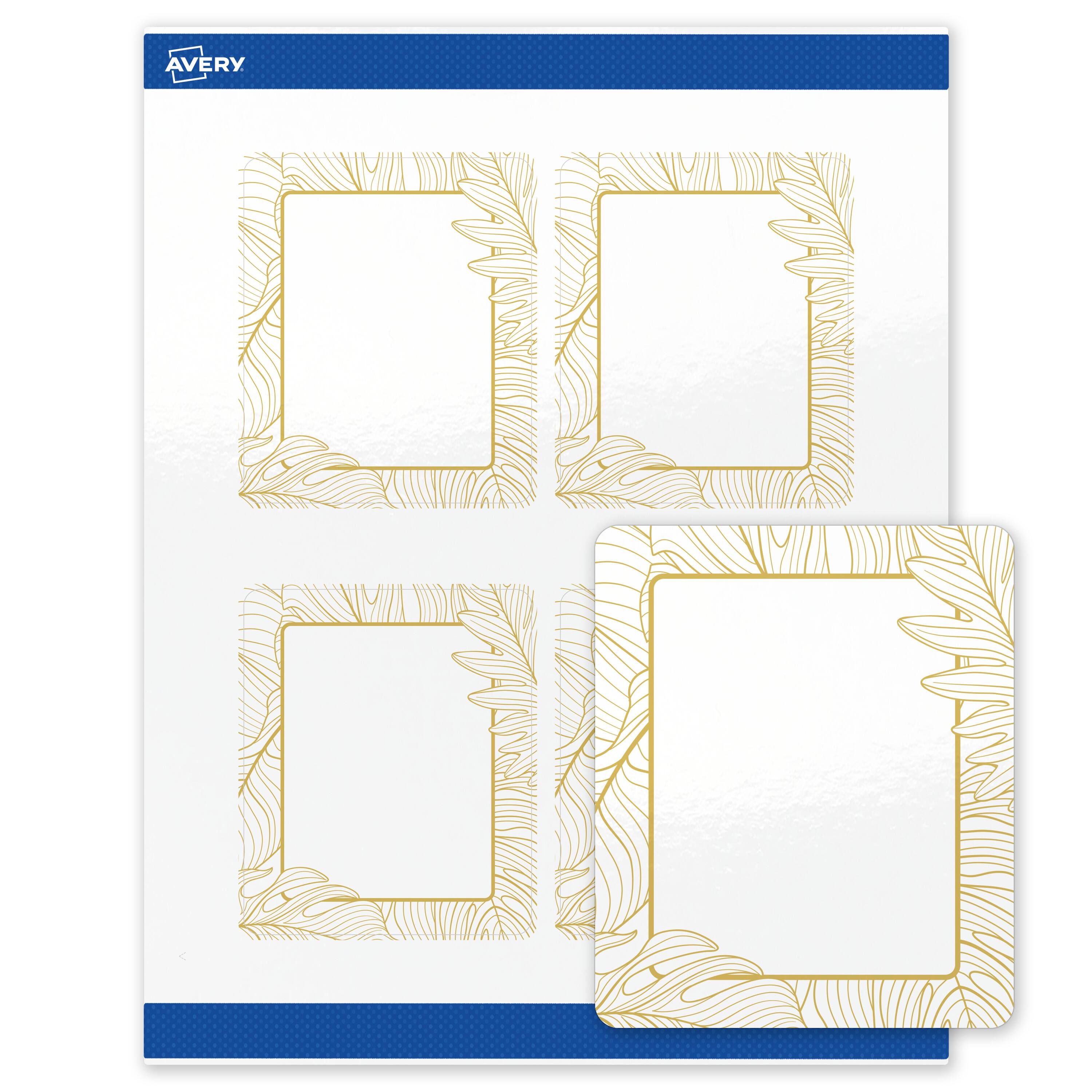 Front. Avery - Avery Rectangle Labels, Gold Florals, 4" x 3-1/3", Glossy, Gold Monstera Leaves - White.