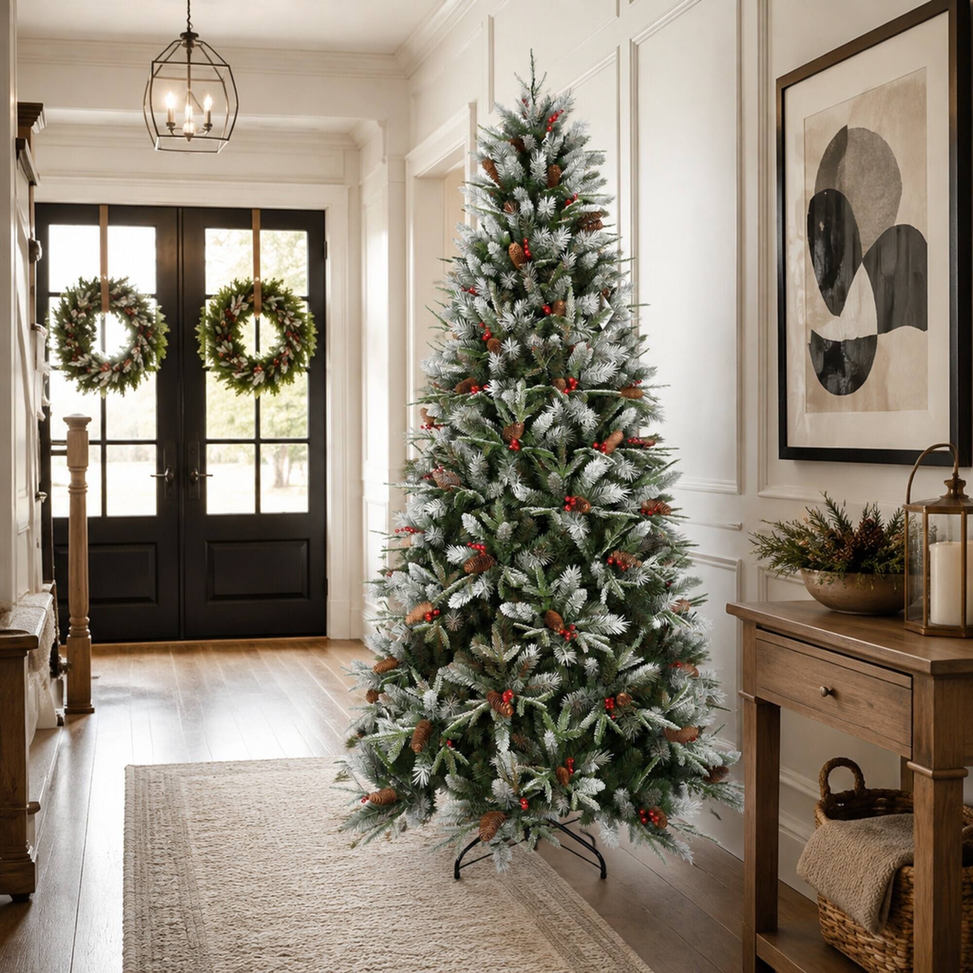 Alt View 2. RYHNUYNE - 6FT Christmas Tree With Red Berries Pine Cones, 1593 Snow-Dusted PE+PVC Branches Hinged Design Sturdy Metal Stand - Green,White.