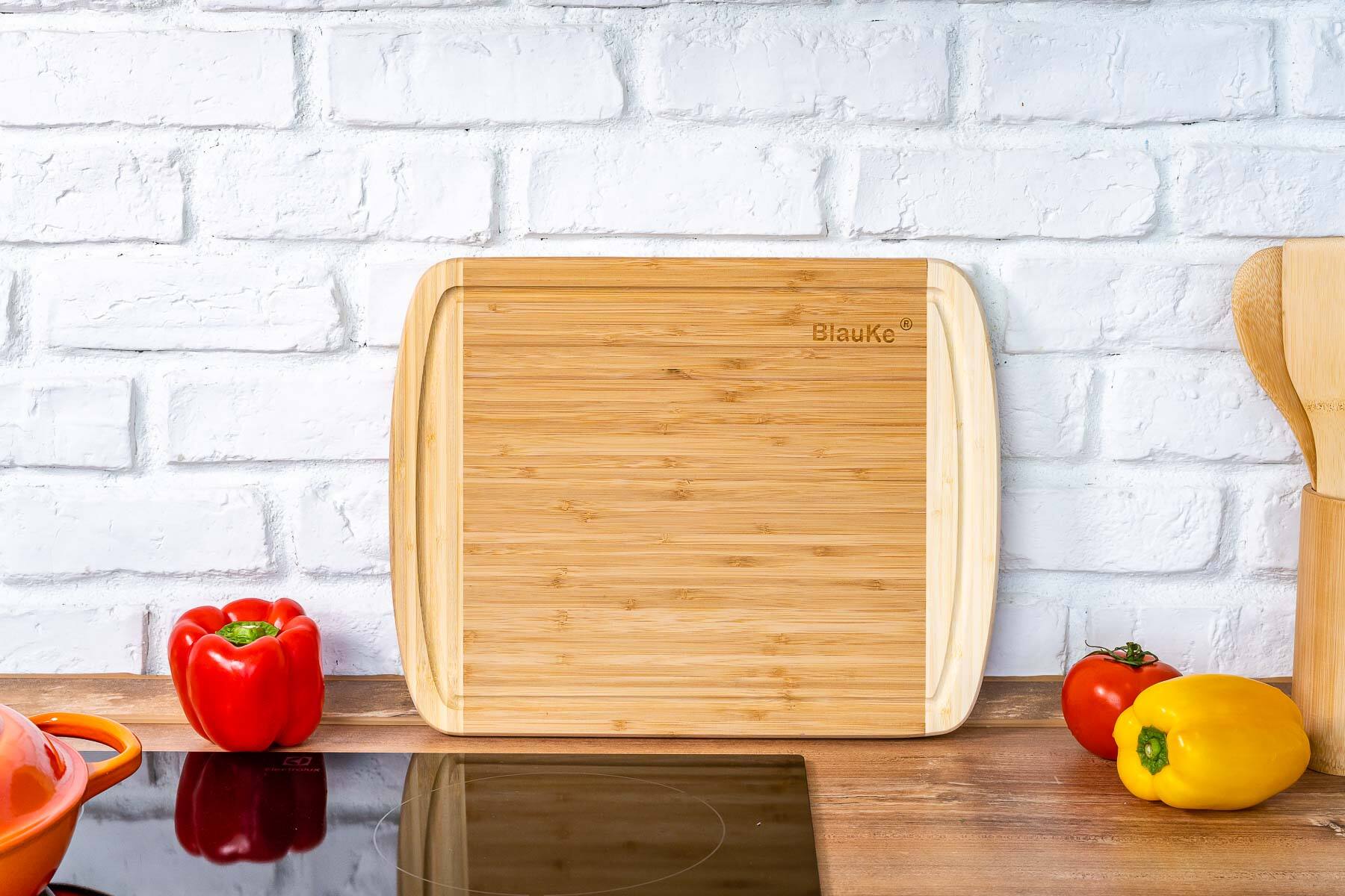 Alt View 5. BlauKe - Large Wood Cutting Board for Kitchen 14x11 inch - Bamboo Chopping Board with Juice Groove - Wooden Serving Tray - Beige.