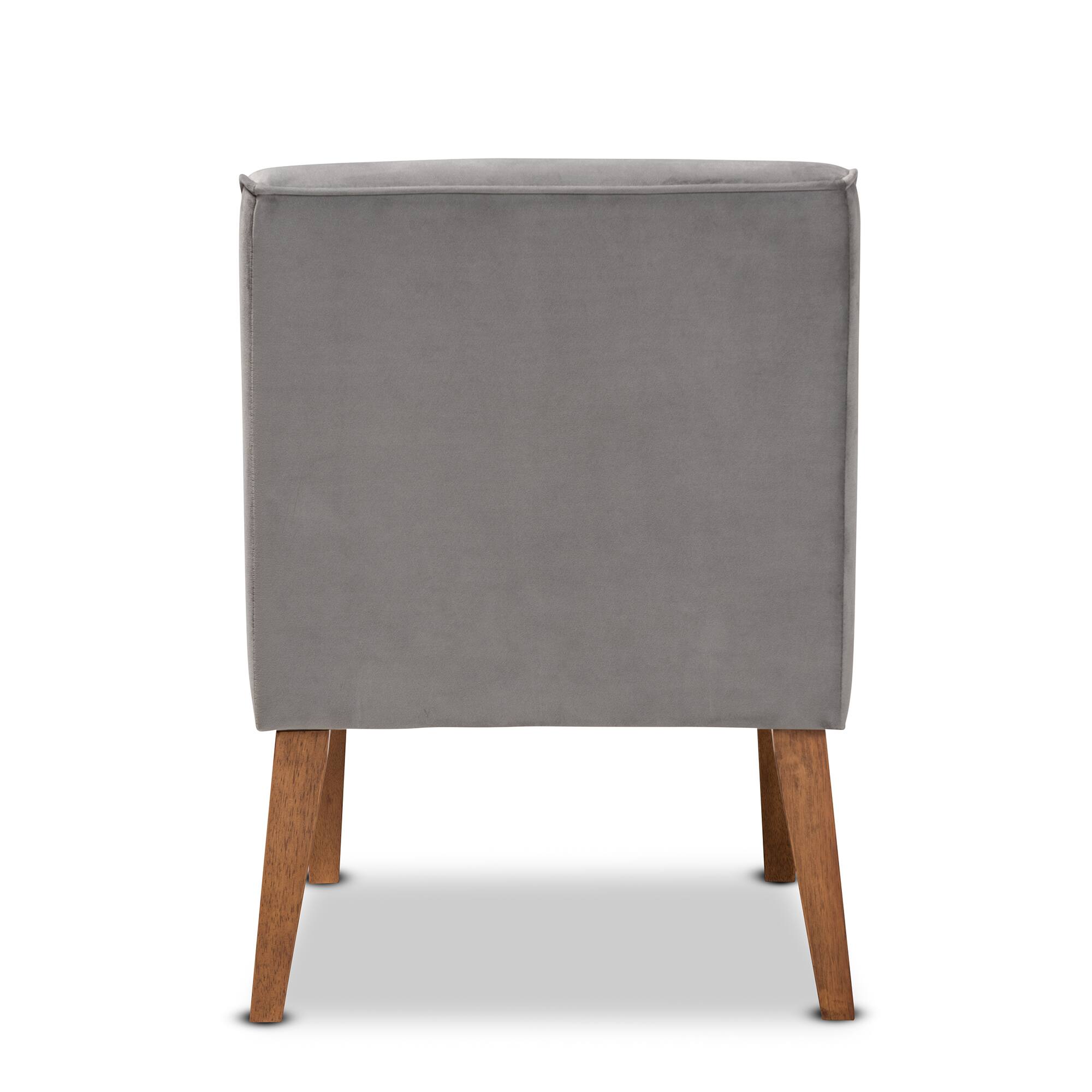 Back. Baxton Studio - Stewart Mid-Century Modern Velvet Upholstered and Finished Wood Dining Chair - Grey/Walnut Brown.