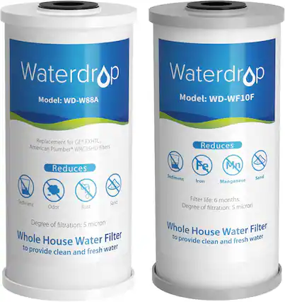 Waterdrop Model: WD-W88A Replacement for GE FXHTC, American Plumber WRC25HD filters Reduces Sediment Odor Rust
Waterdrop Model: WD-WF10F Reduces Fe Mn Sand
Degree of filtration: 5 micron
Whole House Water Filter to provide clean and fresh water
Filter life: 6 months.
Degree of filtration: 5 micron
Whole House Water Filter to provide clean and fresh water