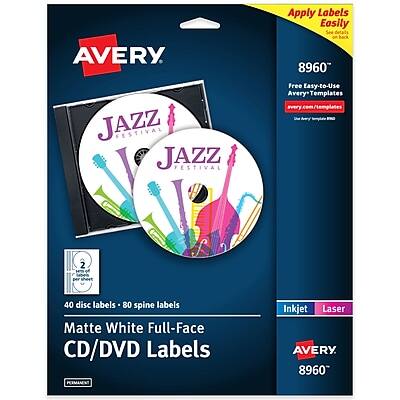 Avery - Inkjet Full Face CD Labels, Matte 2 Labels/Sheet, 20 Sheets/Pack, 40 Labels/Pack (8960) - White