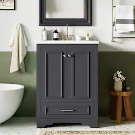 Boyel Living - 24 Inch Bathroom Vanity with Ceramic Sink Soft Close Doors Silver HandlesBlue - Gray