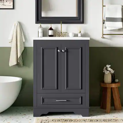 Front. Boyel Living - 24 Inch Bathroom Vanity with Ceramic Sink Soft Close Doors Silver HandlesBlue Gray - Gray.