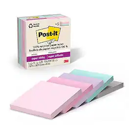 Post-it - Recycled Super Sticky Notes, 3" x 3", Wanderlust Pastels Collection, 70 Sheets/Pad, 5 Pads/Pack - Assorted