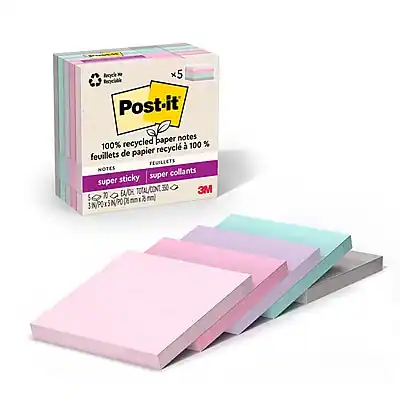 Post-it
100% recycled paper notes
feuilles de papier recyclé à 100%
super sticky | super collants
3M
70 notes per pad
x5 pads
1 EA/CH
TOTAL CONT