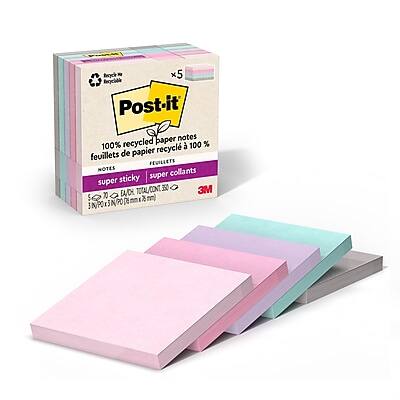 Post-it - Recycled Super Sticky Notes, 3" x 3", Wanderlust Pastels Collection, 70 Sheets/Pad, 5 Pads/Pack - Assorted