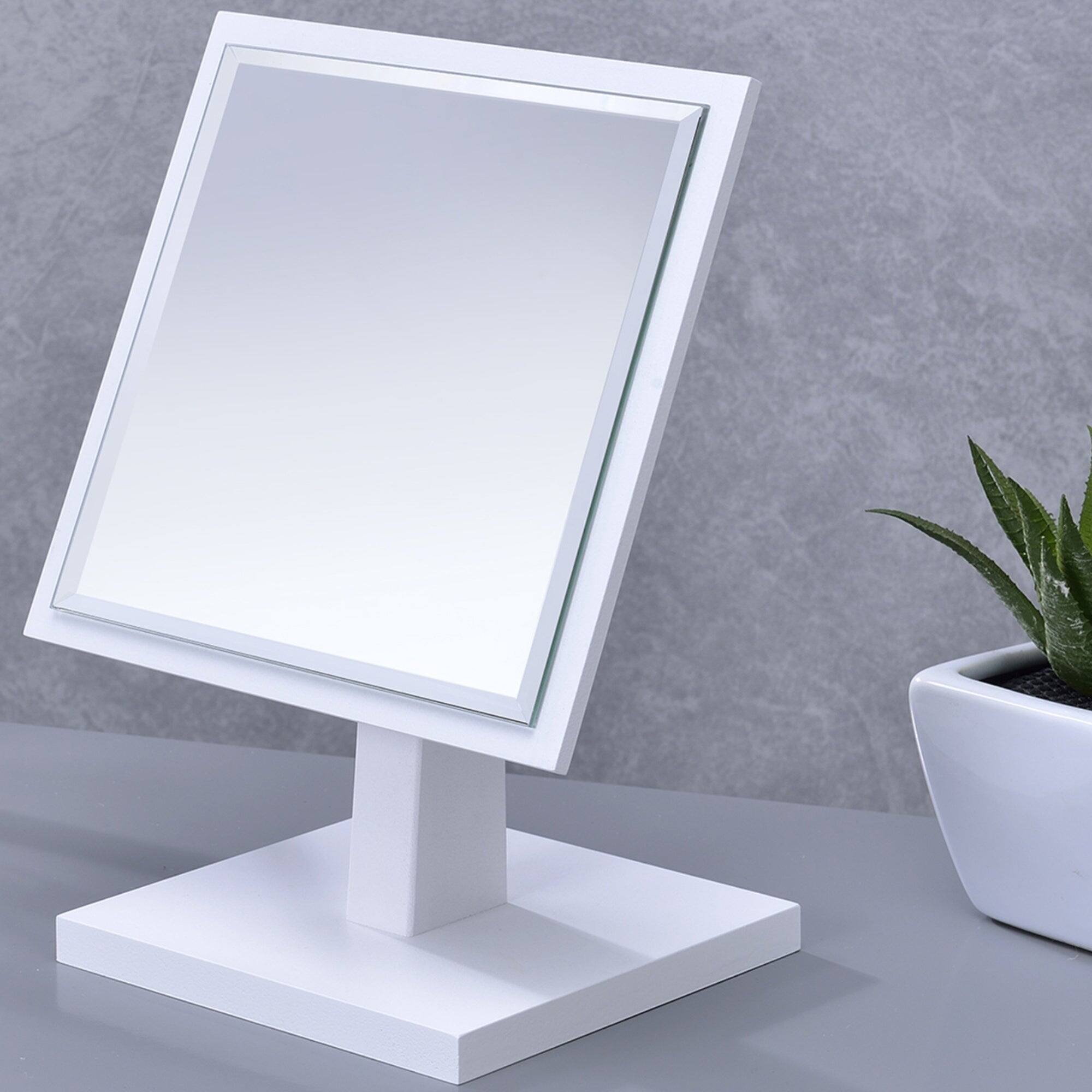 Left. BreeBe - 9.5' Tall Polyresin and Wood Make-Up Mirror on a Pedestal, White finish - White.