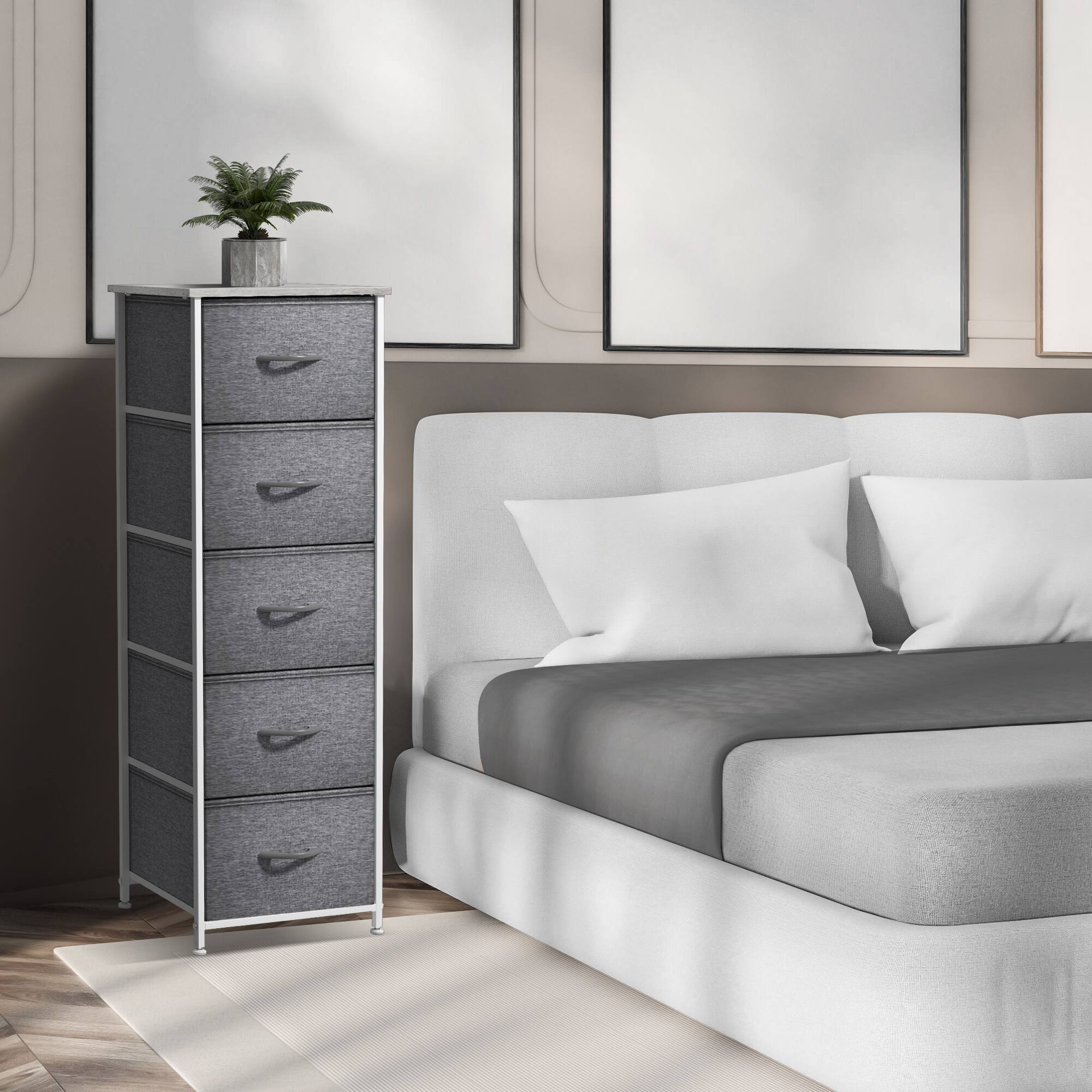 Angle. Sorbus - Sorbus Narrow 5 Drawers Nightstand with Steel Frame, Wood Top, Easy Pull Fabric Bins for Home, Bedroom, Office & Dorm - Grey.