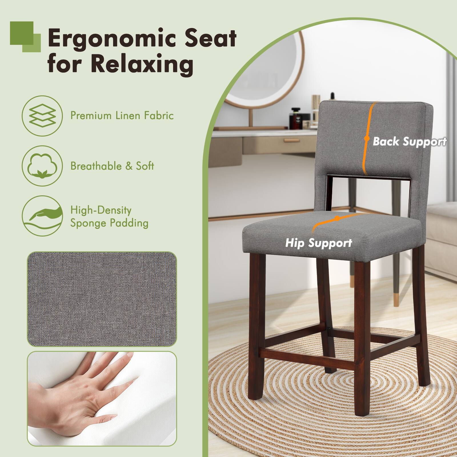 Ergonomic Seat for Relaxing

Premium Linen Fabric
Breathable & Soft
High-Density Sponge Padding
Back Support
Hip Support