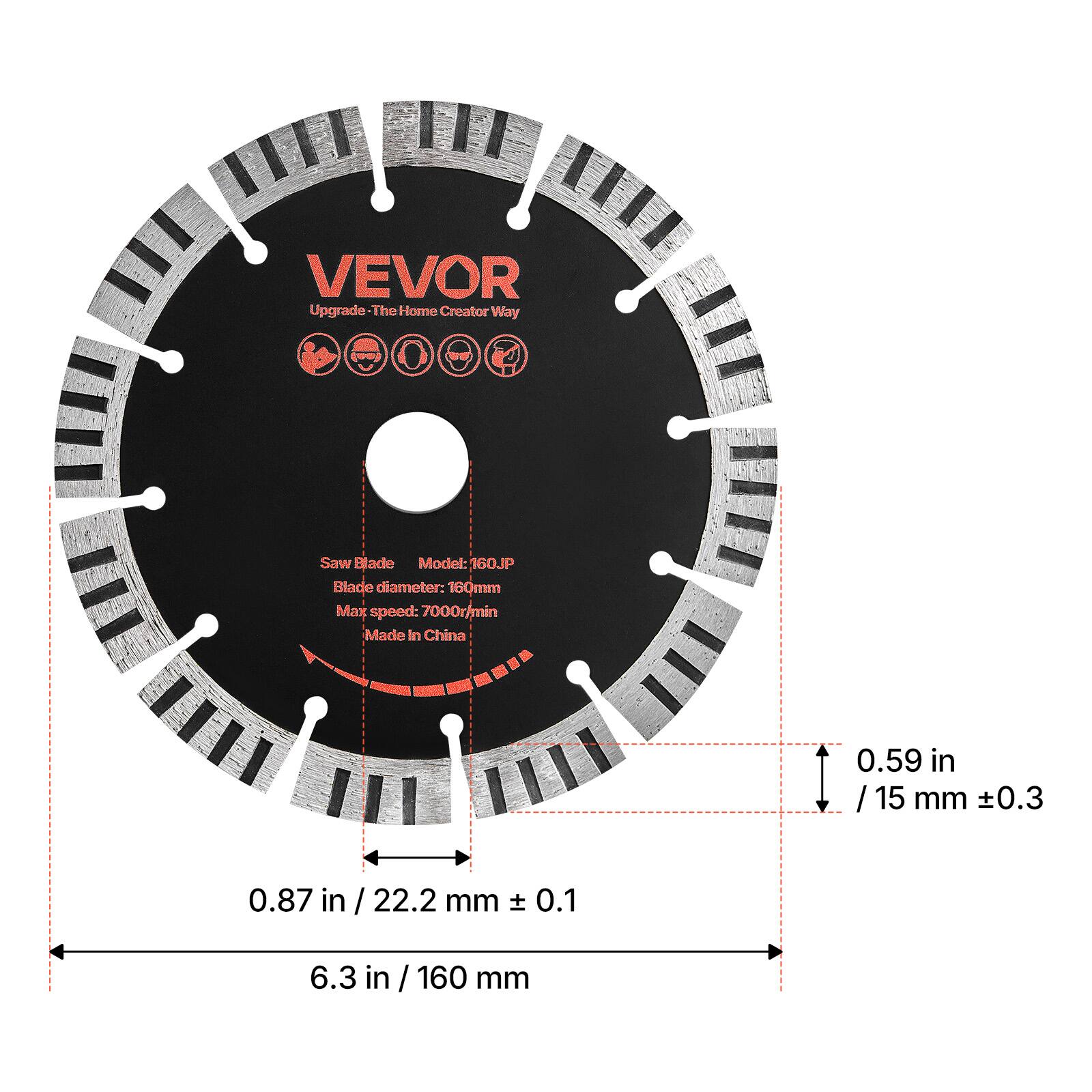 VEVOR Upgrade - The Home Creator Way

Saw Blade
Model: 160JP
Blade diameter: 160mm
Max speed: 7000/min
Made in China

0.59 in / 15 mm ±0.3
0.87 in / 22.2 mm ±0.1
6.3 in / 160 mm
