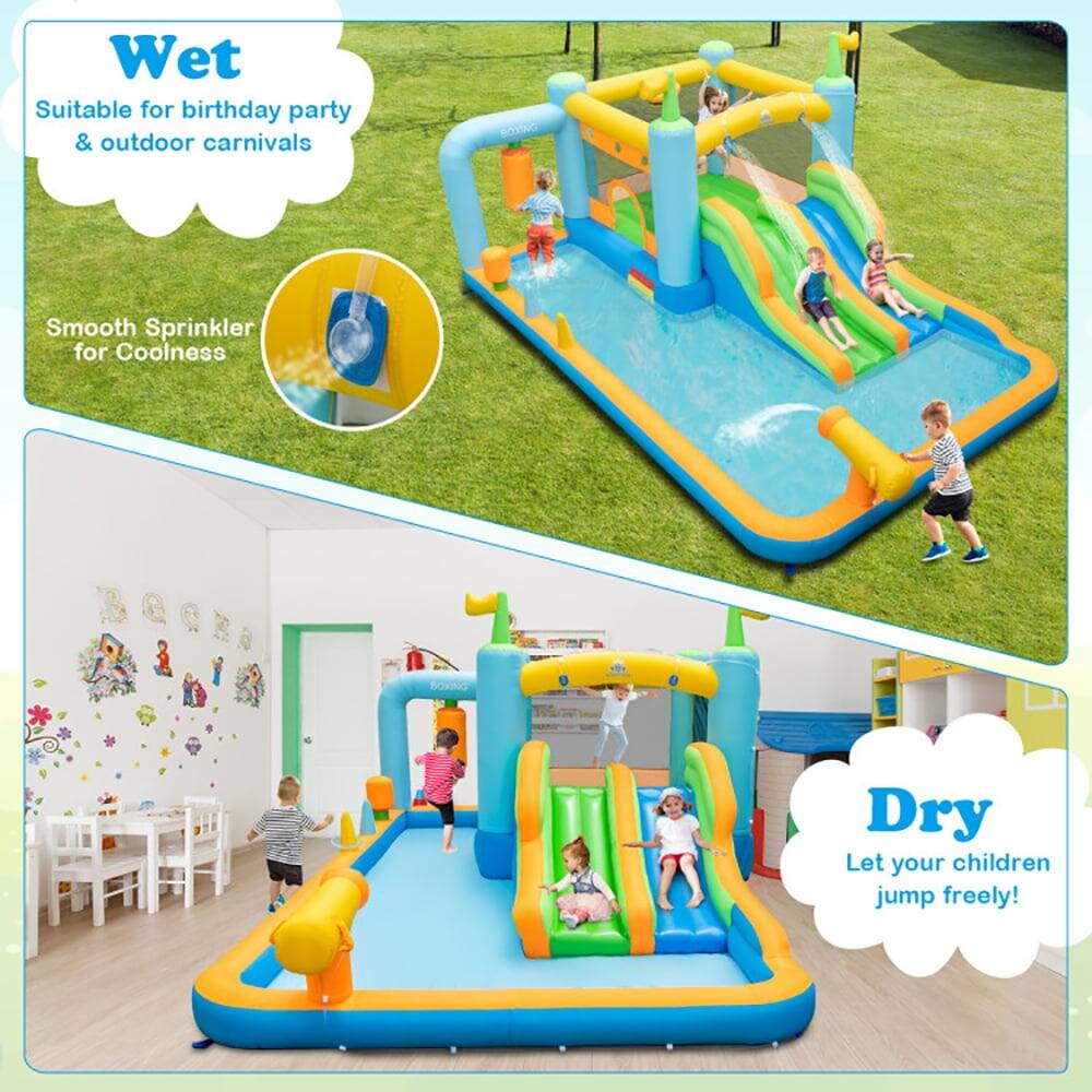 Wet  
Suitable for birthday party & outdoor carnivals  
Smooth Sprinkler for Coolness  

Dry  
Let your children jump freely!