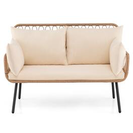 Costway - Outdoor 2-Seater Sofa with Pillows, Cushions, Metal Frame & Adjustable Foot Pads - Natural & Off White