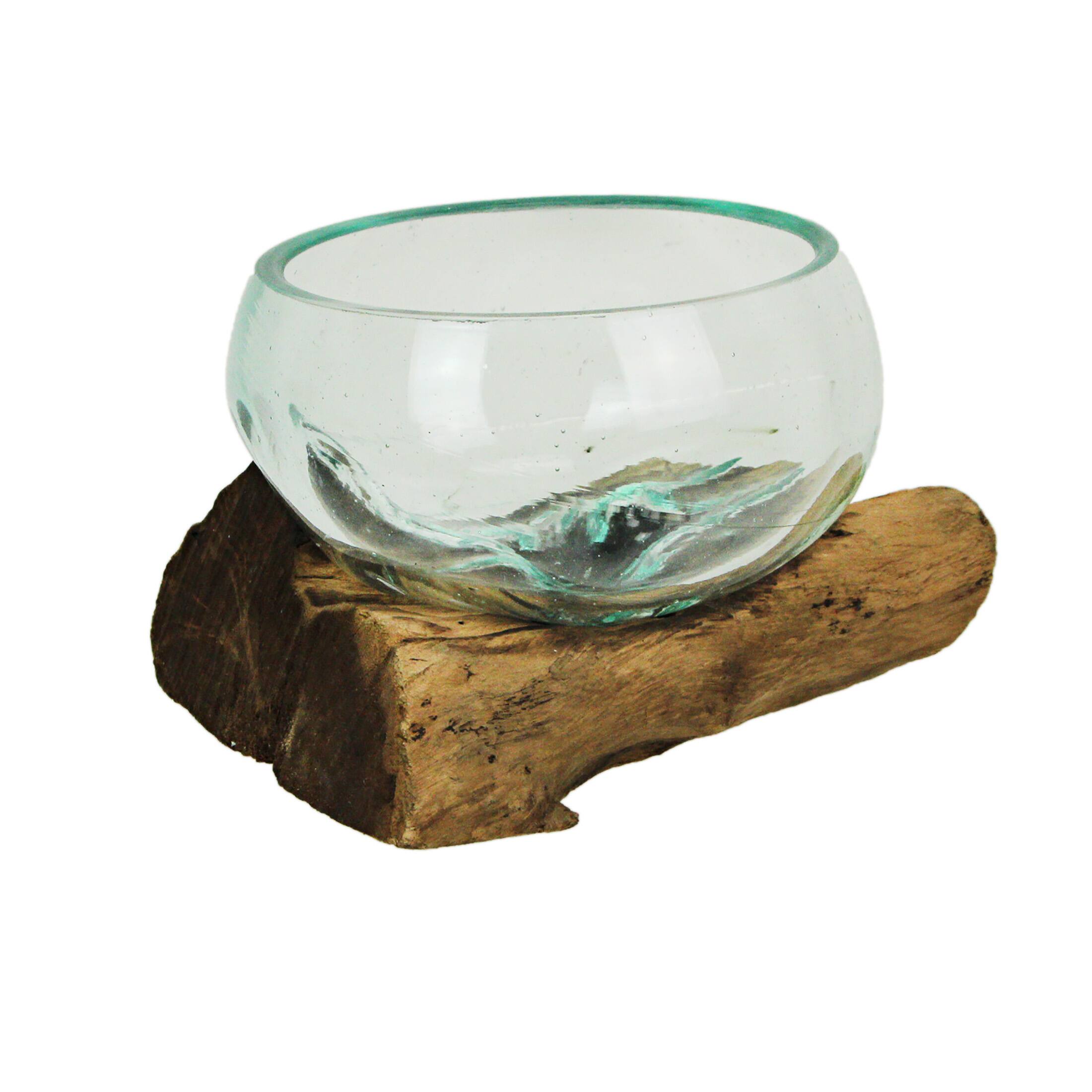 Alt View 7. Chesapeake Bay - Medium Wide Molten Glass on Teak Driftwood Sculptural Vase and Bowl - Brown.