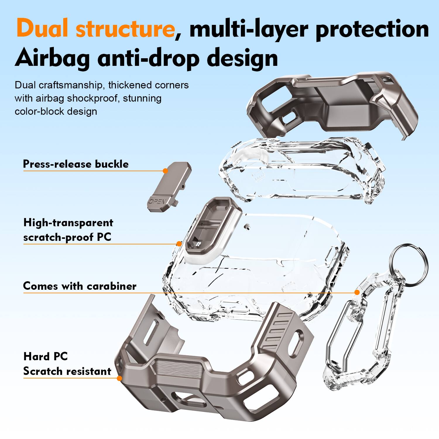 Dual structure, multi-layer protection  
Airbag anti-drop design  
Dual craftsmanship, thickened corners with airbag shockproof, stunning color-block design  

Press-release buckle  
OPEN  

High-transparent scratch-proof PC  
Comes with carabiner  

Hard PC  
Scratch resistant