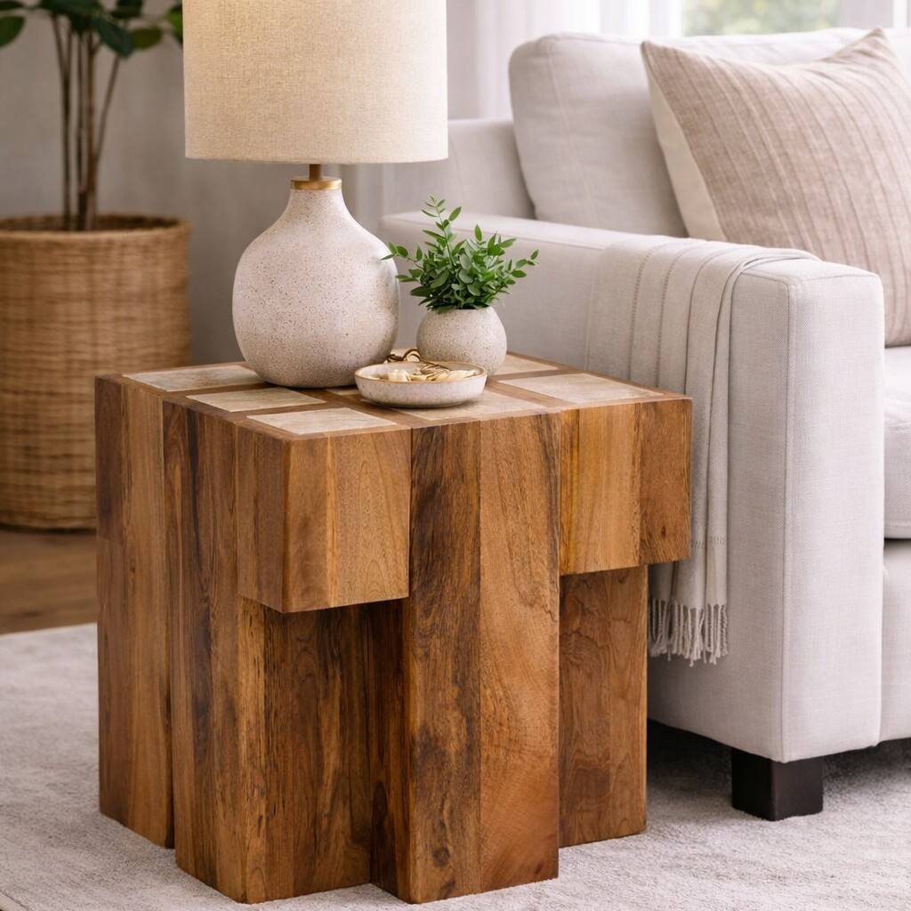 Alt View 5. Artisan Furniture - Artisan Furniture Solid Wood Travertine Top Block Side Table, Brown - Brown.