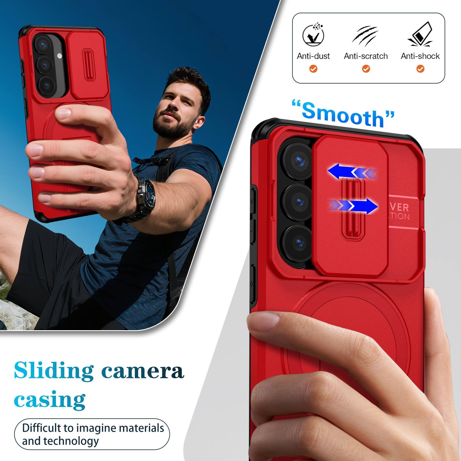 Anti-dust  
Anti-scratch  
Anti-shock  

"Smooth"  

Sliding camera casing  
Difficult to imagine materials and technology