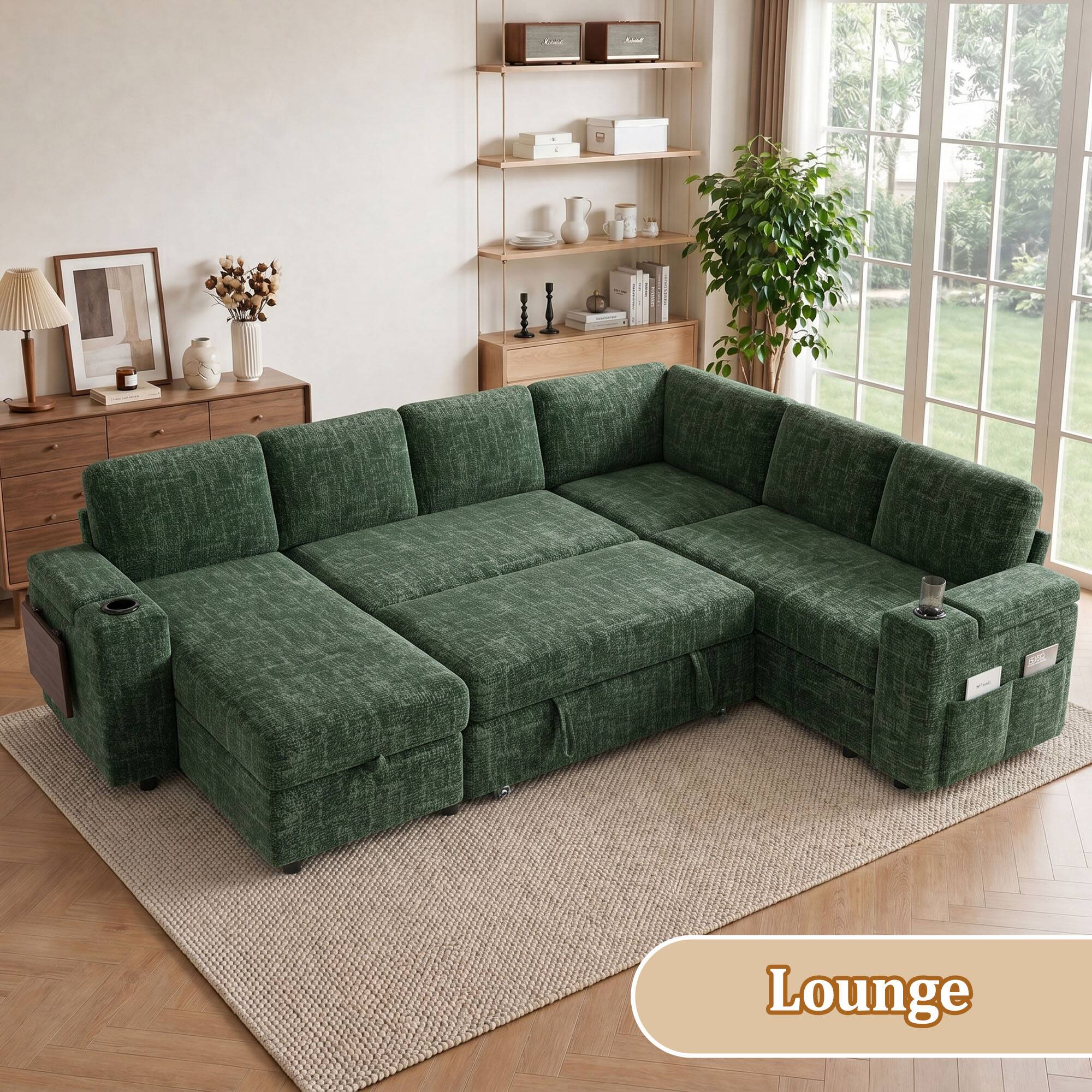 Back. Dyonery - 110" Sleeper Sofa with Pull Out Bed, L-Shaped Couch with Reclining Backrest/USB Ports/Cup Holder/Side Table/Storage - Green.