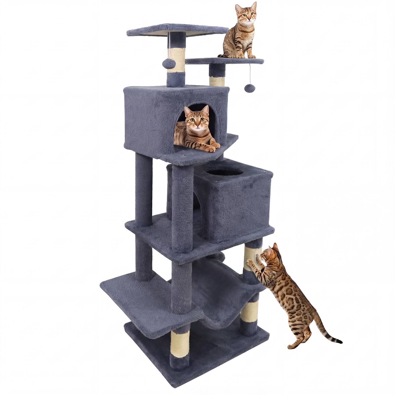 Alt View 9. Gymax - Gymax 57'' Cat Tree for Indoor Cats w/Dual Condos Hammock Sisal Scratching Posts Grey - Gray.